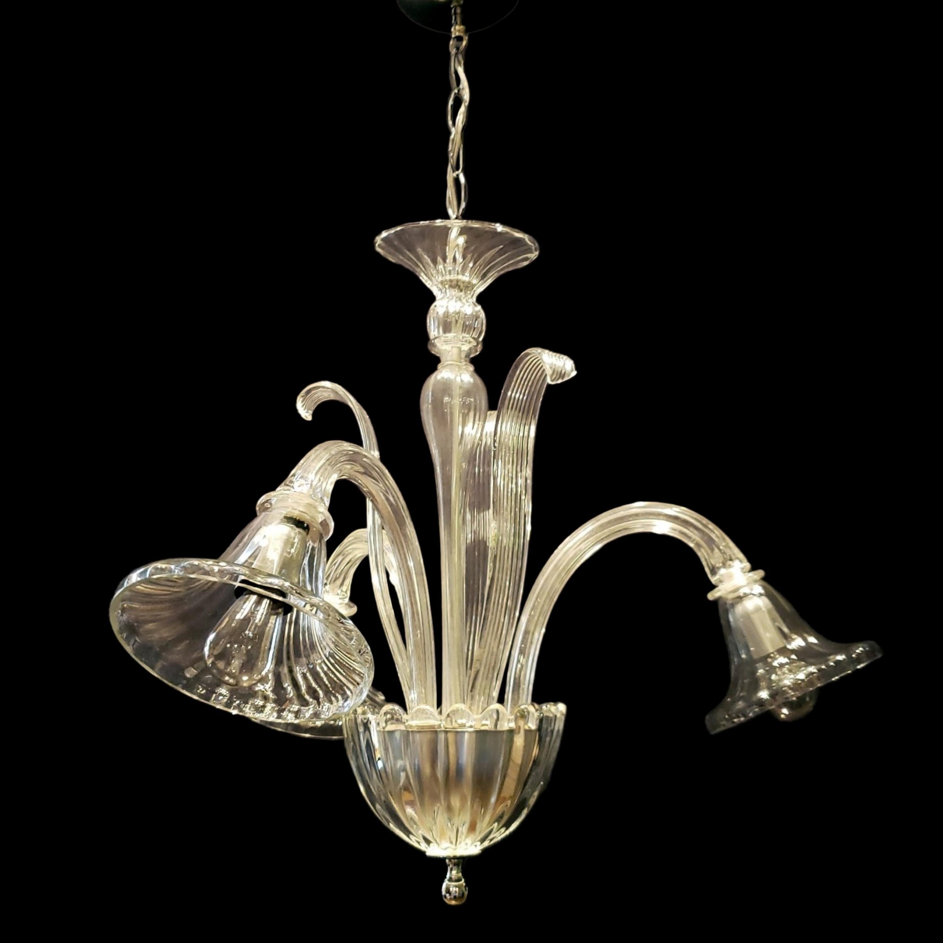 20th Century hand made Murano crystal chandelier with three down lights and upright ribbon leaves. This comes rewired and ready to install. Ships disassembled.  Cleaned and restored. Please note, this item is located in our Scranton, PA location.