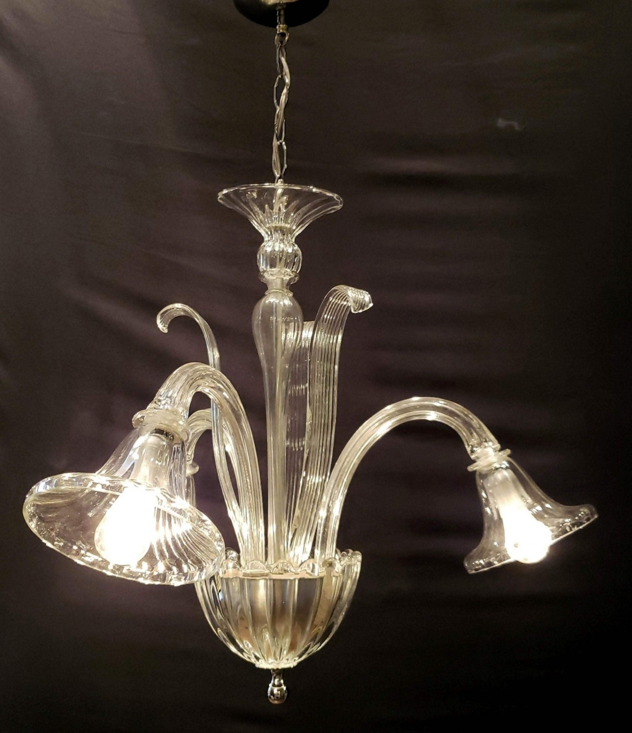  Murano Crystal 3 Arm Chandelier with Up Ribbon Leaves In Good Condition For Sale In New York, NY