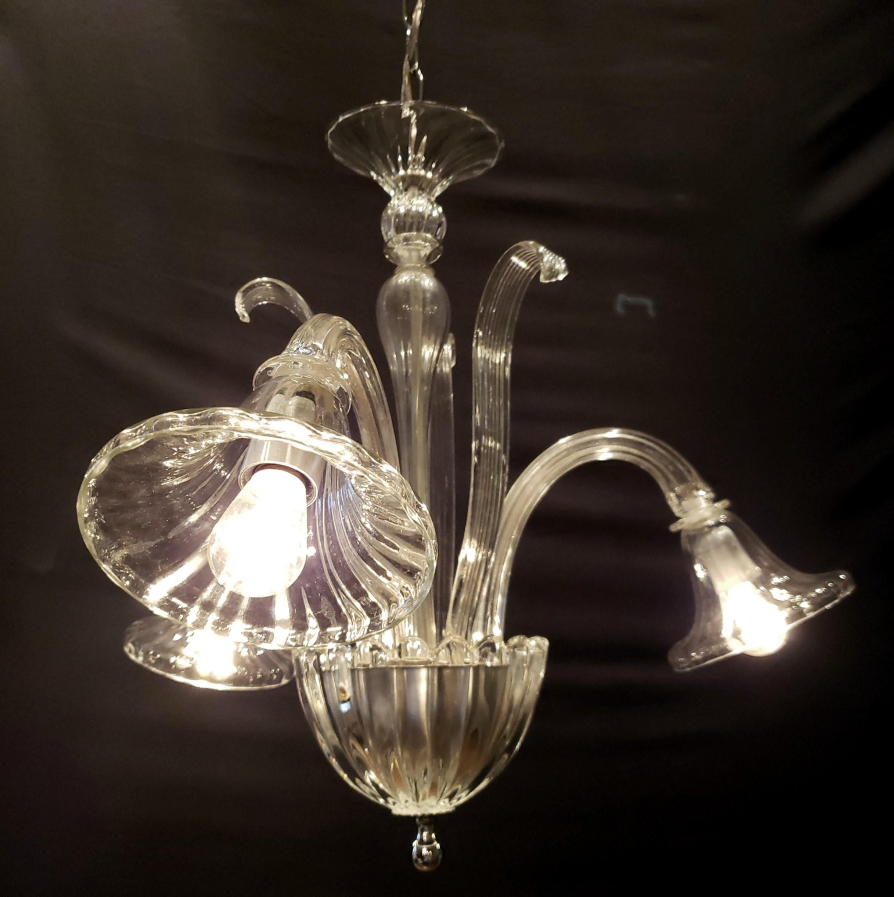 20th Century  Murano Crystal 3 Arm Chandelier with Up Ribbon Leaves For Sale