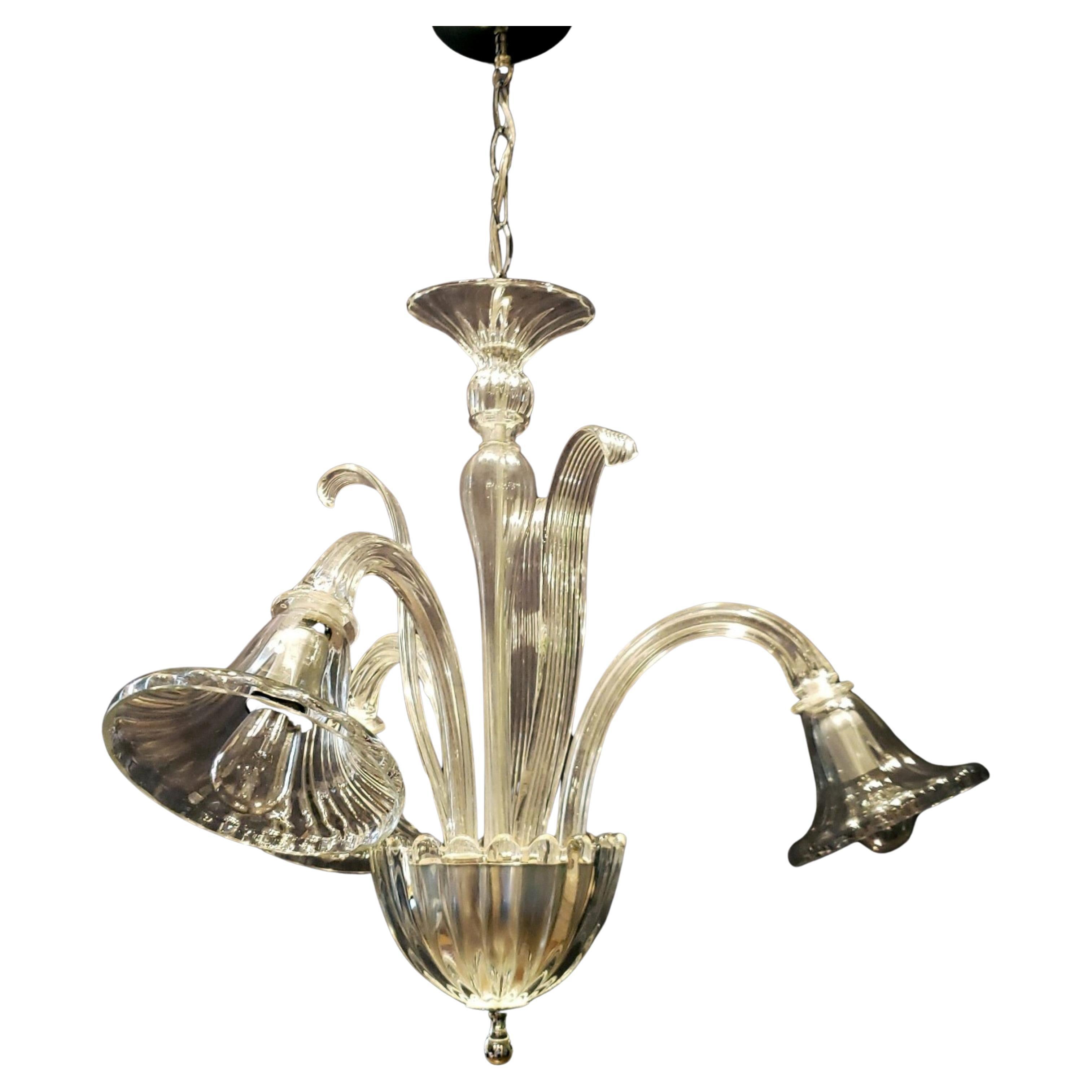  Murano Crystal 3 Arm Chandelier with Up Ribbon Leaves For Sale