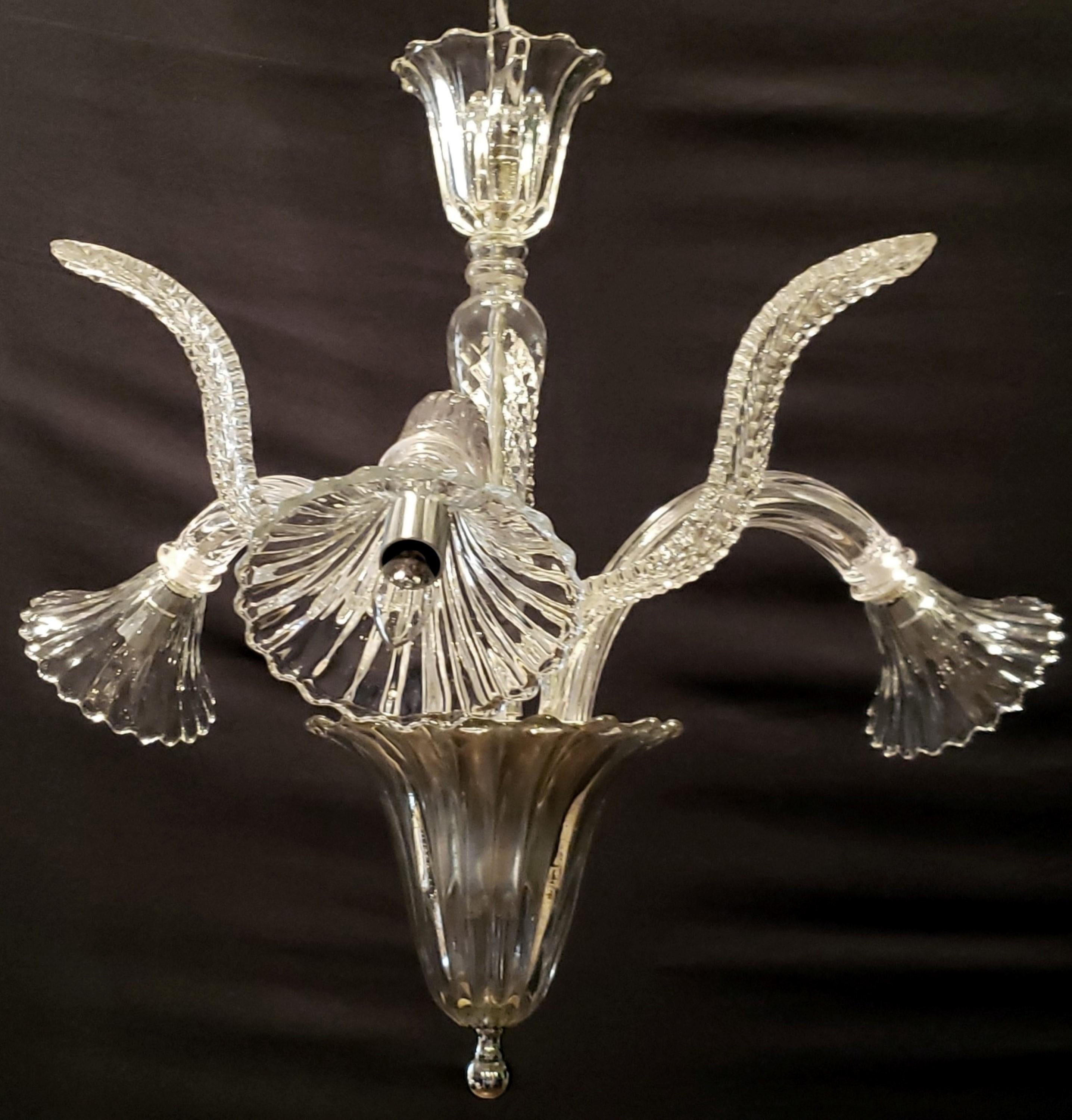 Italian Murano Crystal 3 J Arm Chandelier with Narrow Up Leaves For Sale