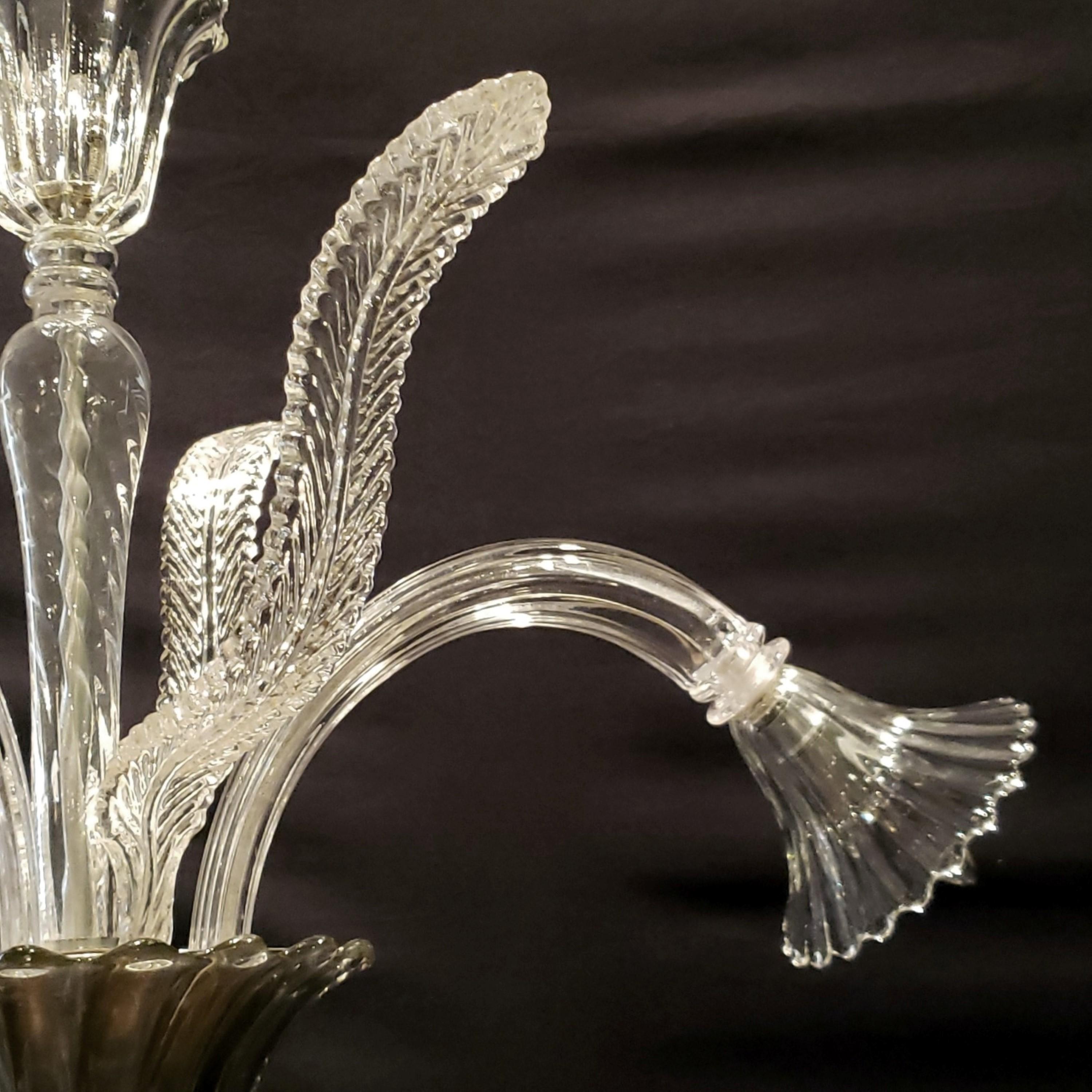Murano Crystal 3 J Arm Chandelier with Narrow Up Leaves In Good Condition For Sale In New York, NY