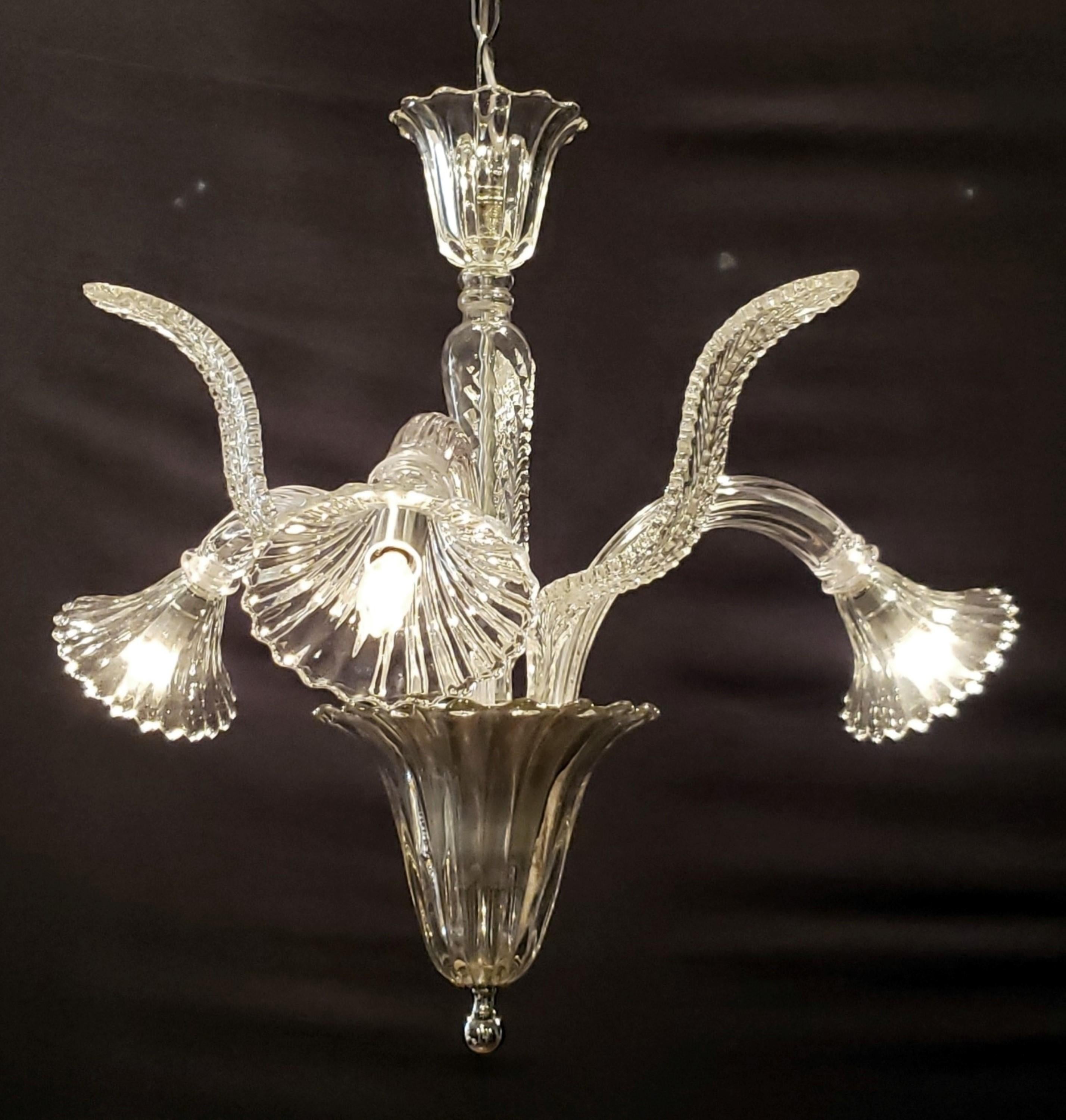 20th Century Murano Crystal 3 J Arm Chandelier with Narrow Up Leaves For Sale