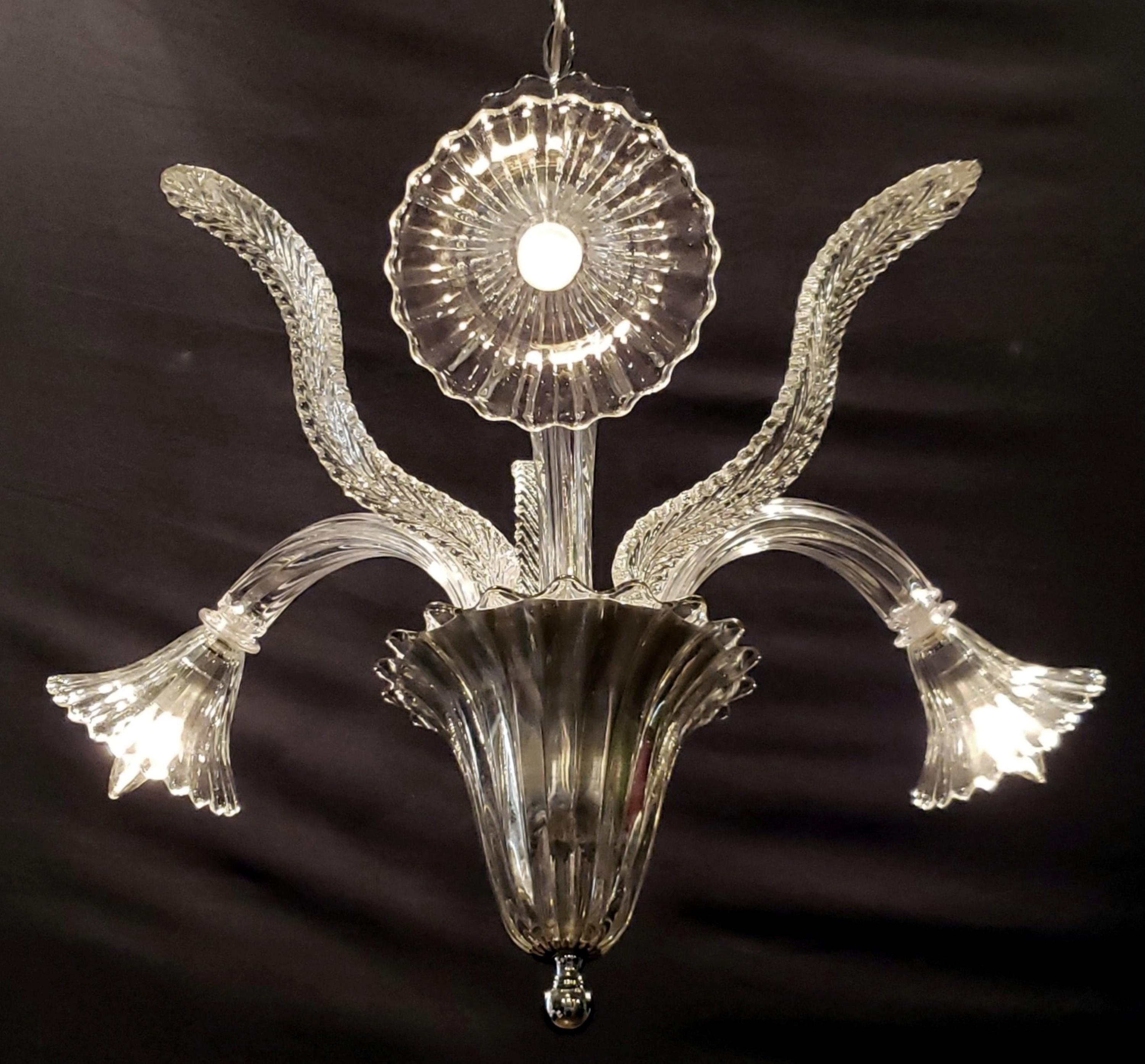 Murano Crystal 3 J Arm Chandelier with Narrow Up Leaves For Sale 1