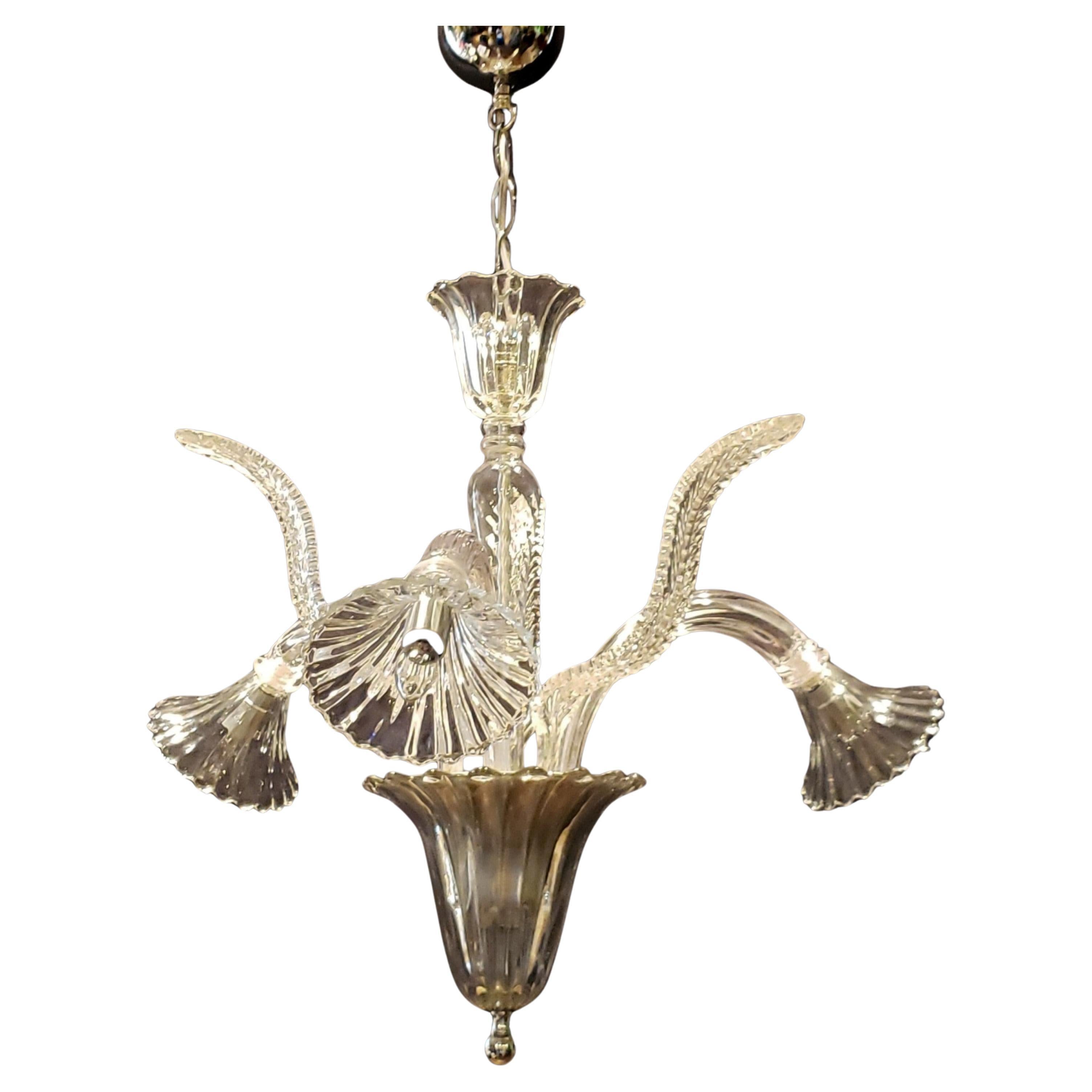 Murano Crystal 3 J Arm Chandelier with Narrow Up Leaves For Sale