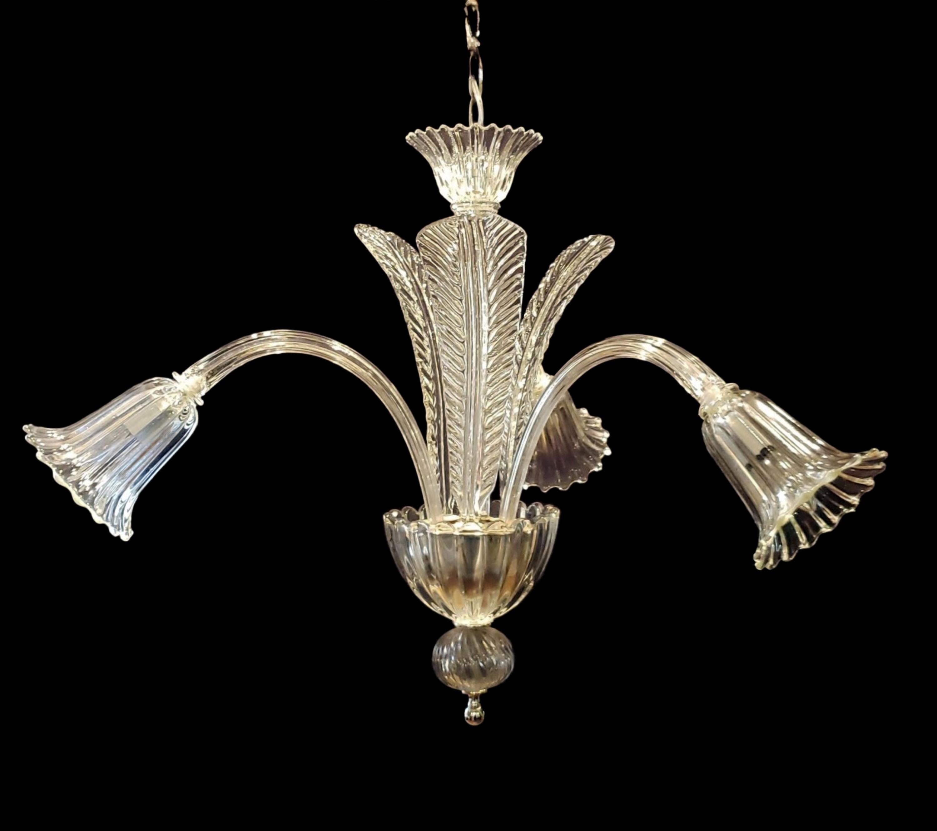 Hand made Murano clear crystal chandelier with three J shaped arms and three up leaves. This comes rewired and ready to install. Ships disassembled. Cleaned and restored. Please note, this item is located in our Scranton, PA location.