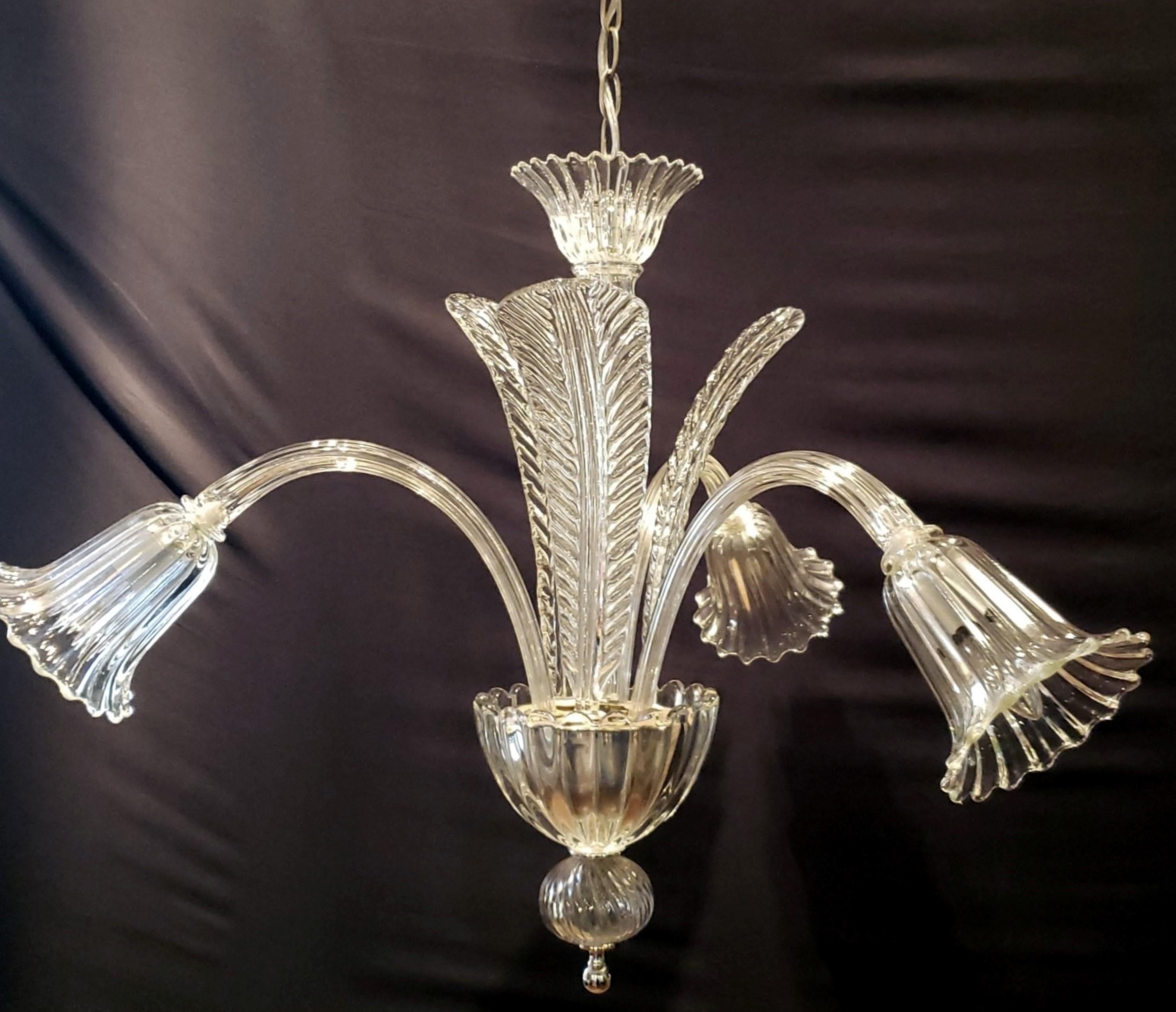 Italian Murano Crystal 3 J Arms Chandelier with 3 Up Leaves For Sale