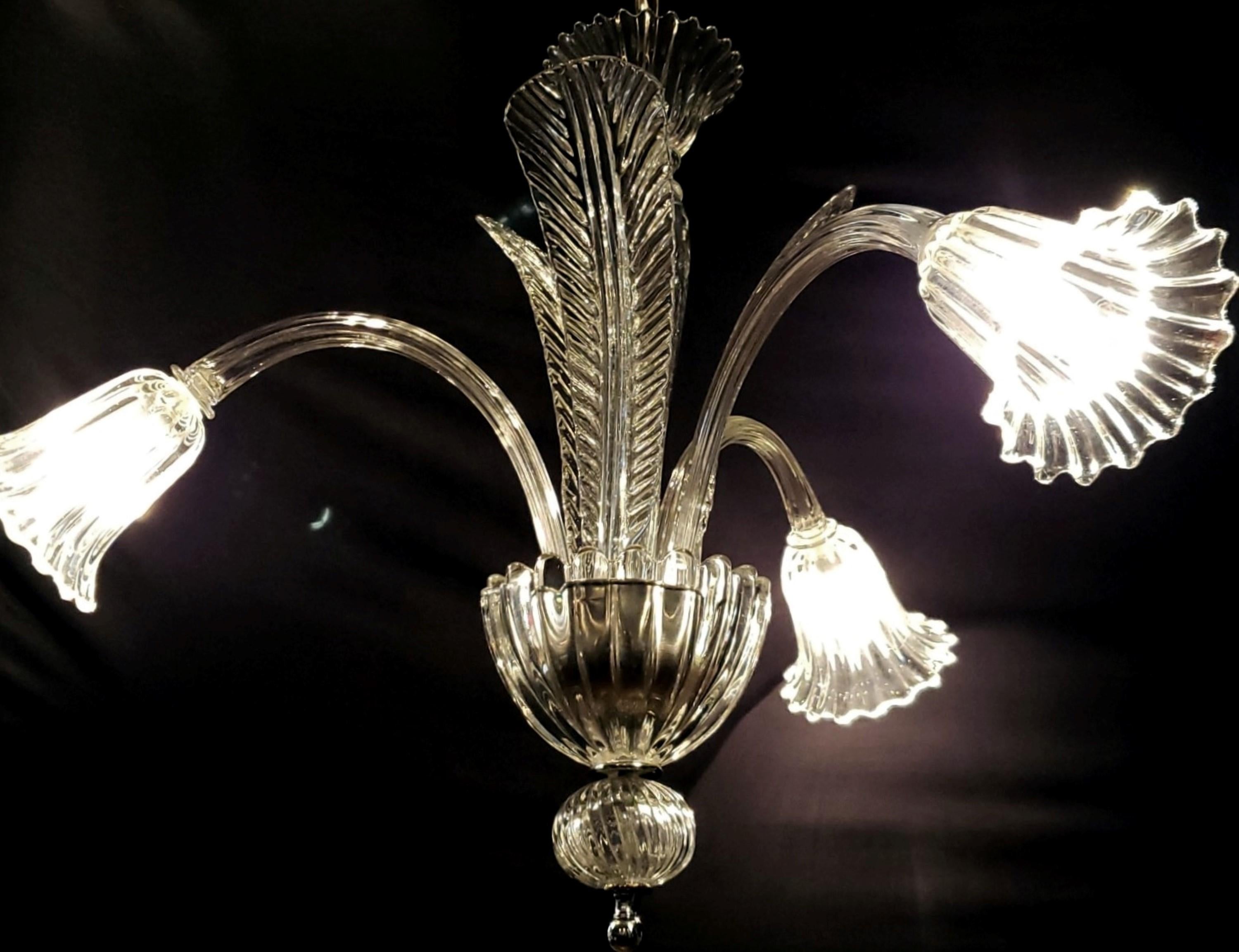 Murano Crystal 3 J Arms Chandelier with 3 Up Leaves In Good Condition For Sale In New York, NY