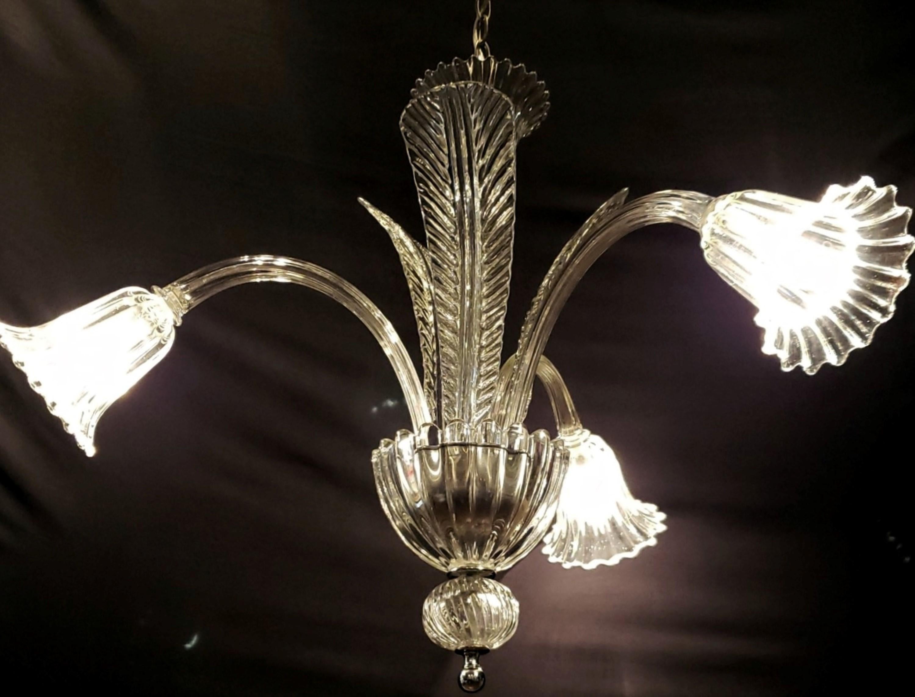 20th Century Murano Crystal 3 J Arms Chandelier with 3 Up Leaves For Sale