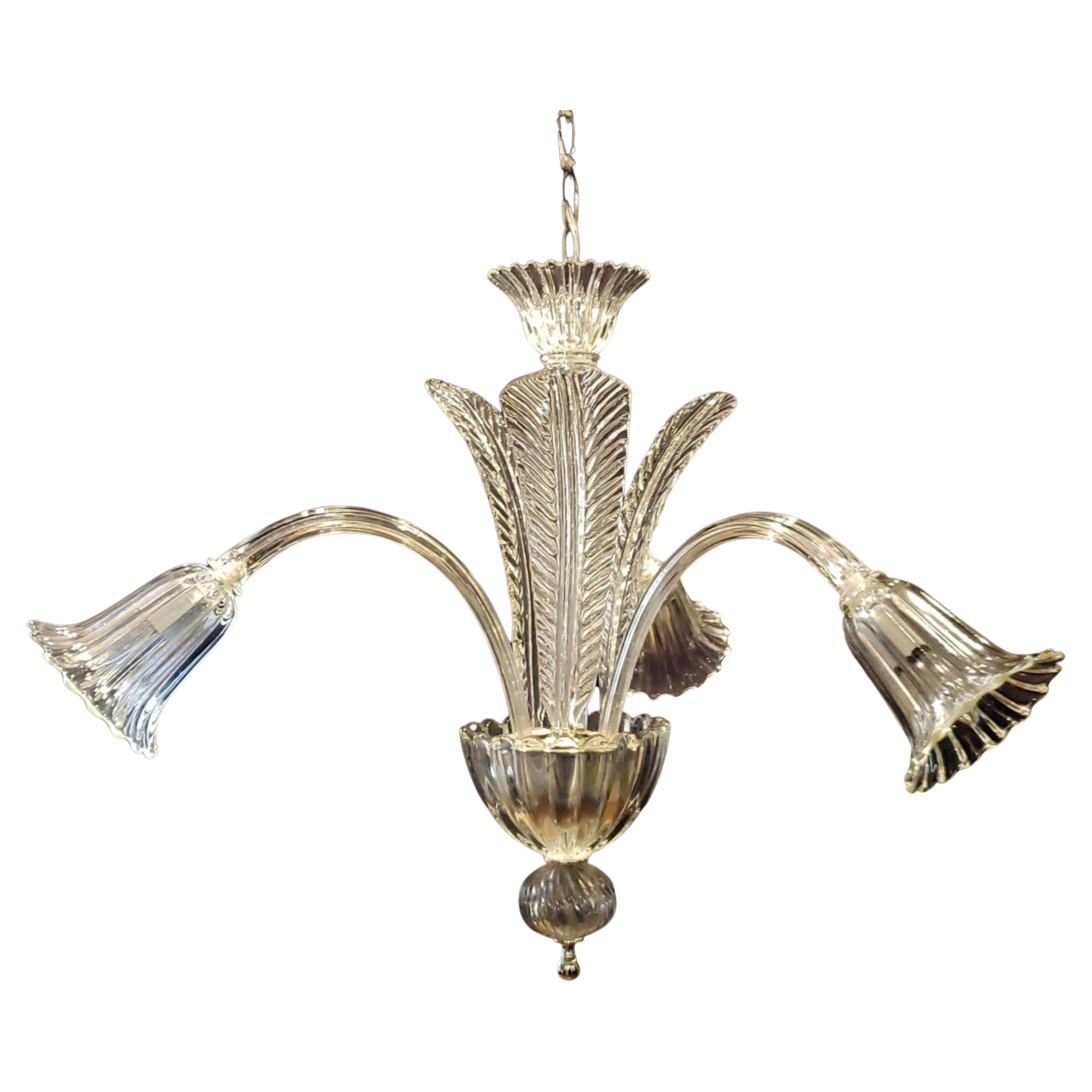 Murano Crystal 3 J Arms Chandelier with 3 Up Leaves For Sale