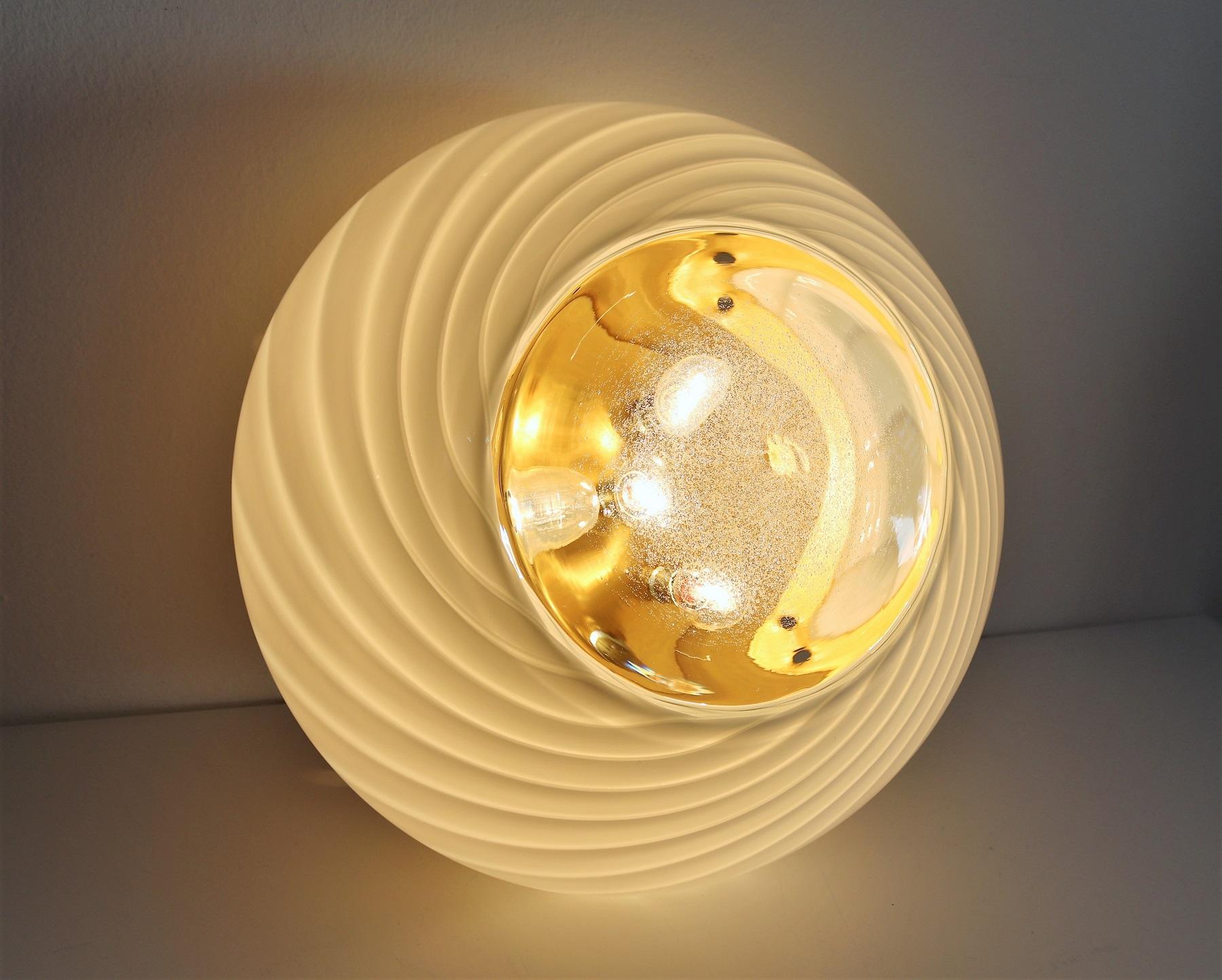 Murano Crystal and Brass Flush Mount Lighting with Central Glass Lens, 1970s 4
