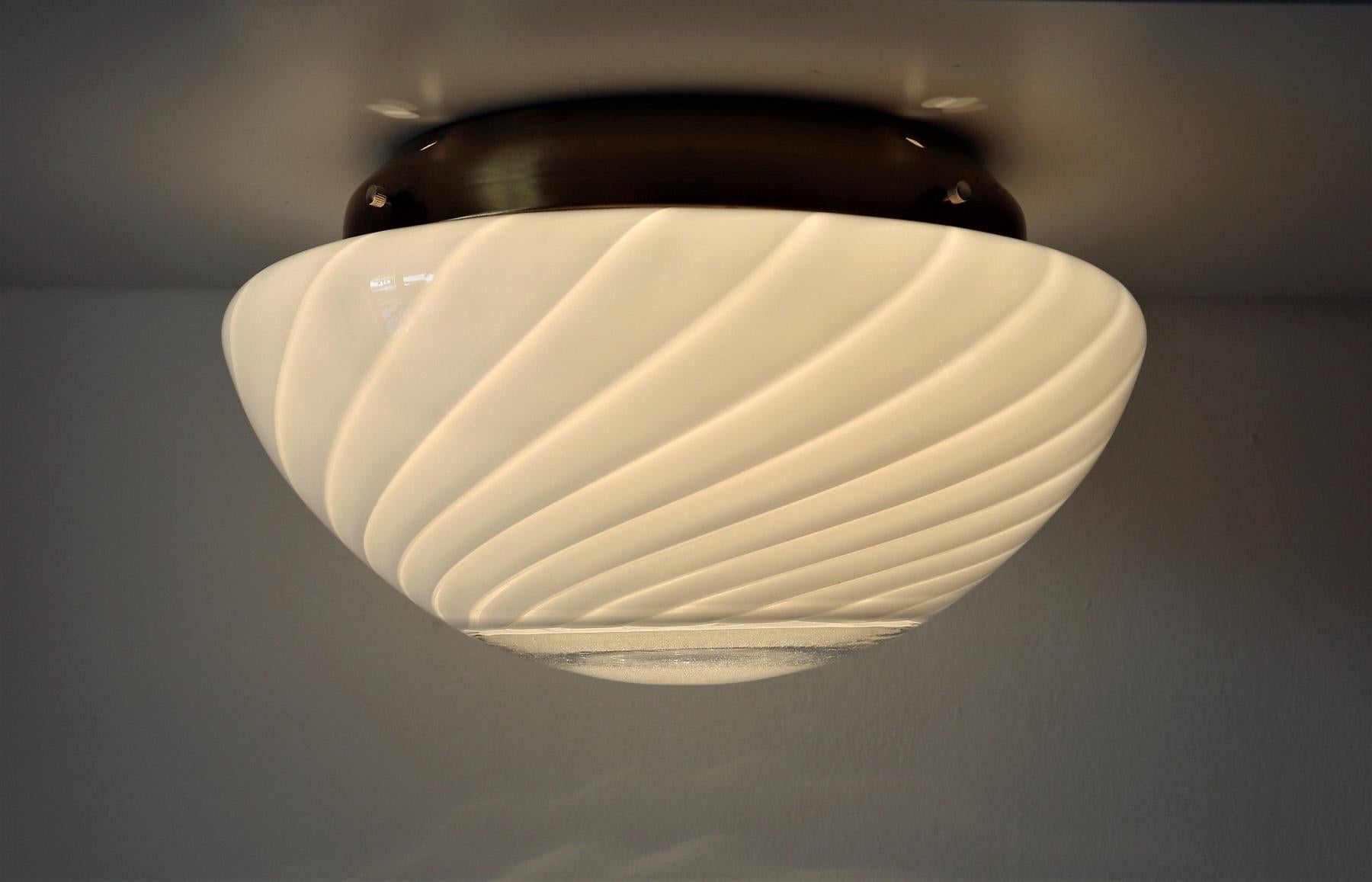 Murano Crystal and Brass Flush Mount Lighting with Central Glass Lens, 1970s In Good Condition In Morazzone, Varese