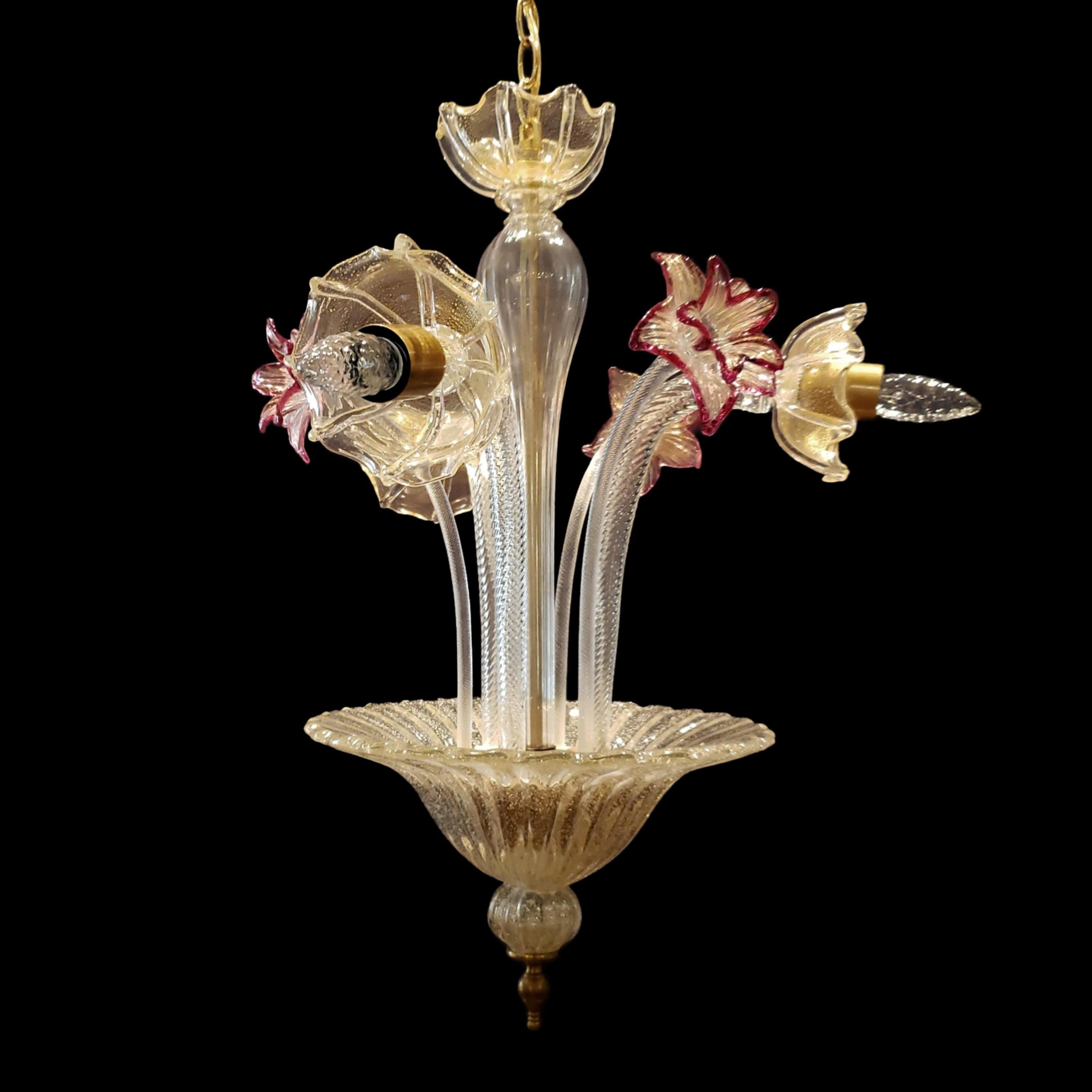 Murano 3 arm crystal chandelier with three up flowers in a gold and deep rose color. This comes rewired and ready to install. Ships disassembled. Cleaned and restored. Please note, this item is located in our Scranton, PA location.