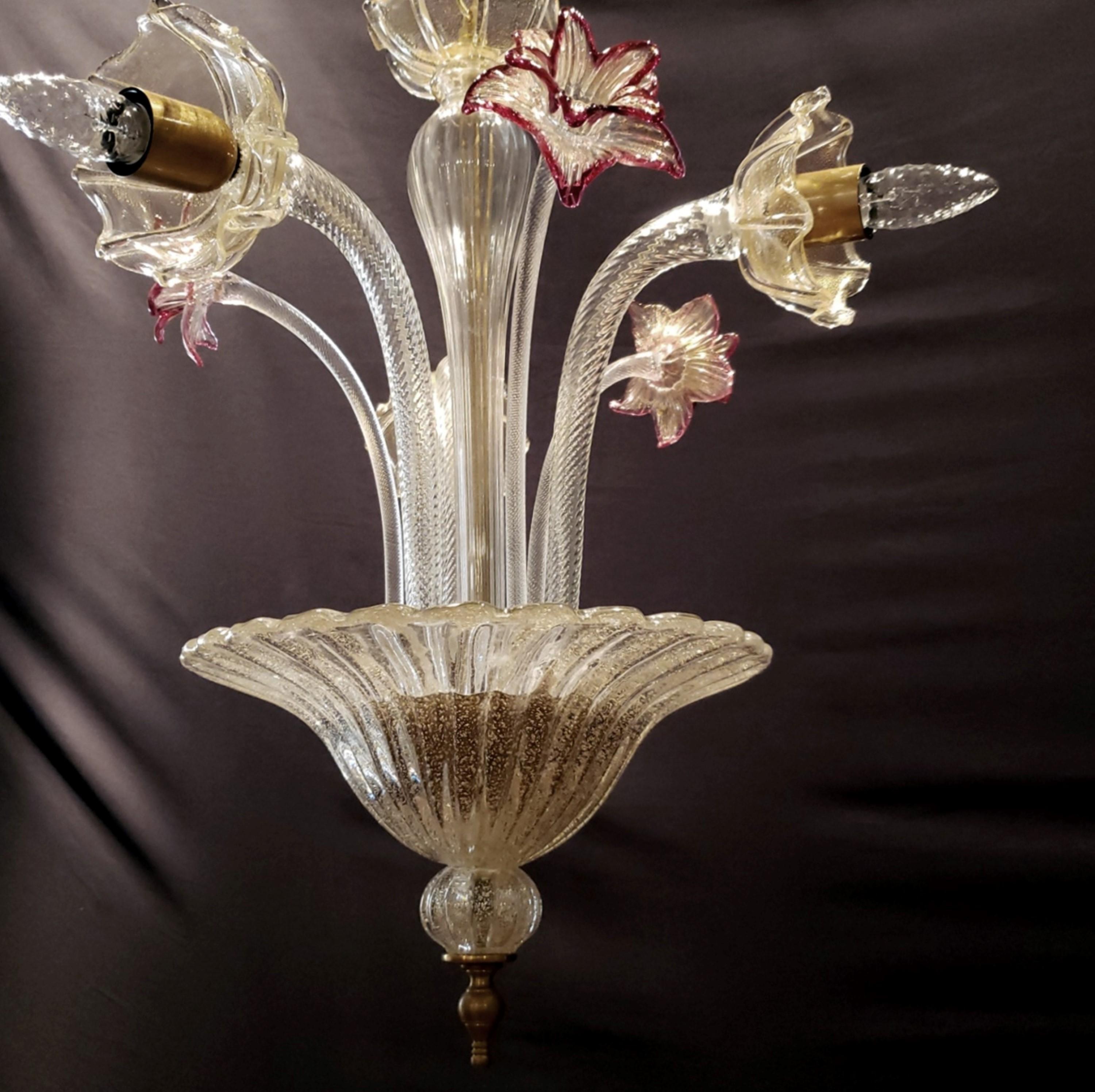Italian  Murano Crystal Chandelier w Gold Rose Inflections 3 Arms  For Sale