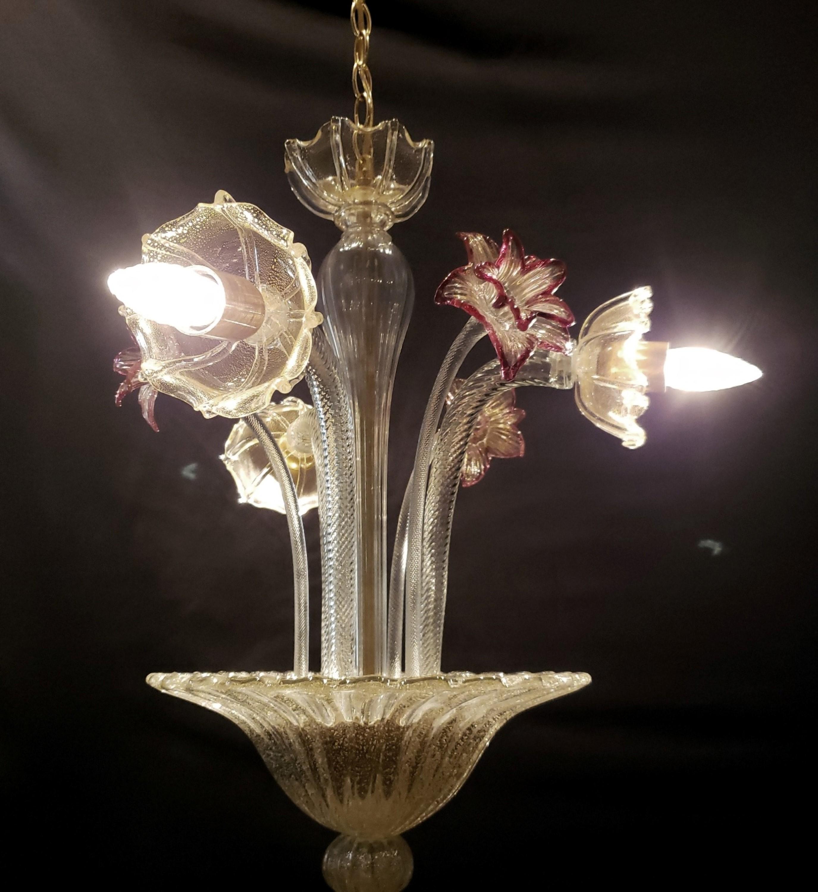 20th Century  Murano Crystal Chandelier w Gold Rose Inflections 3 Arms  For Sale