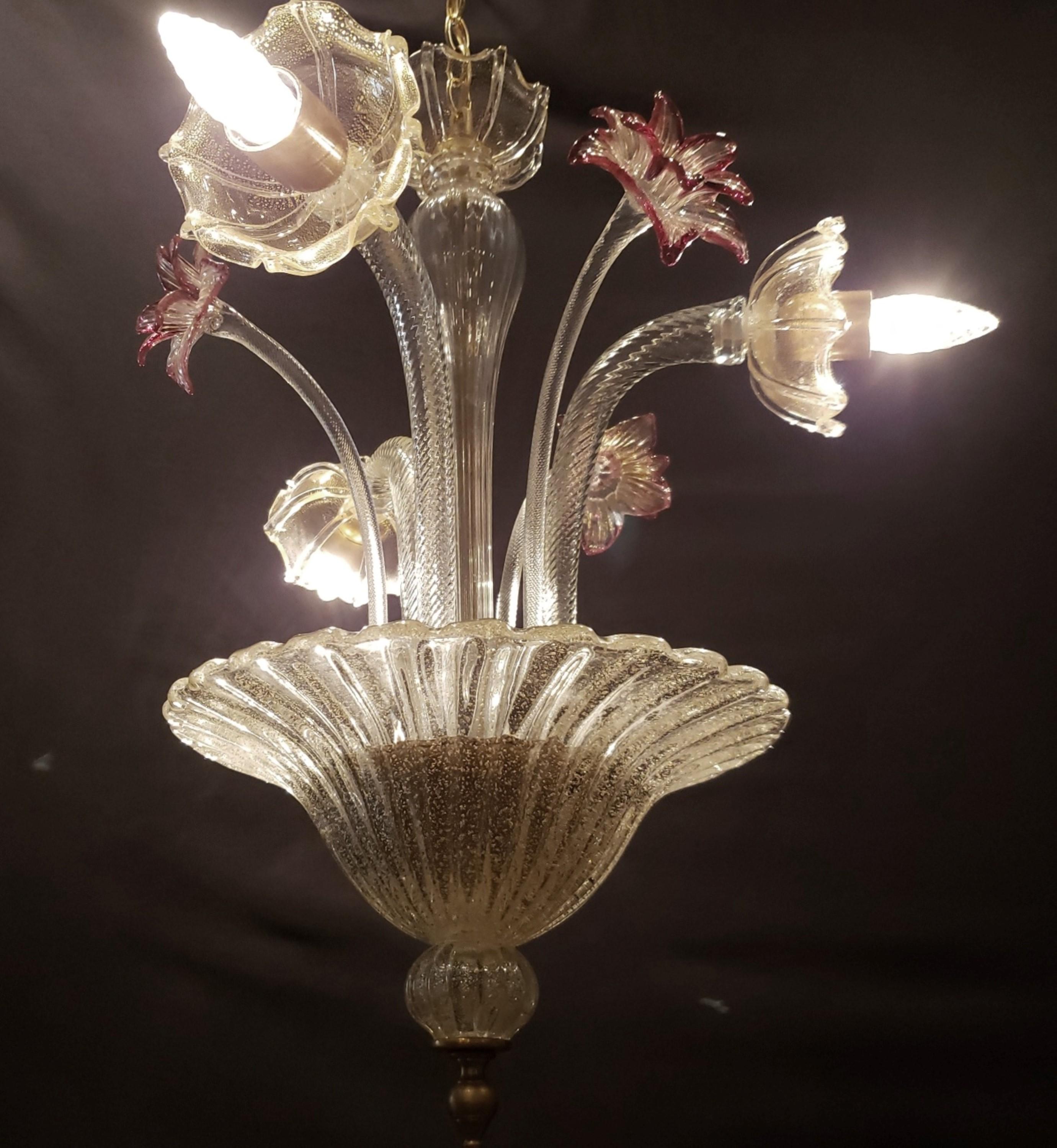 Metal  Murano Crystal Chandelier w Gold Rose Inflections 3 Arms  For Sale