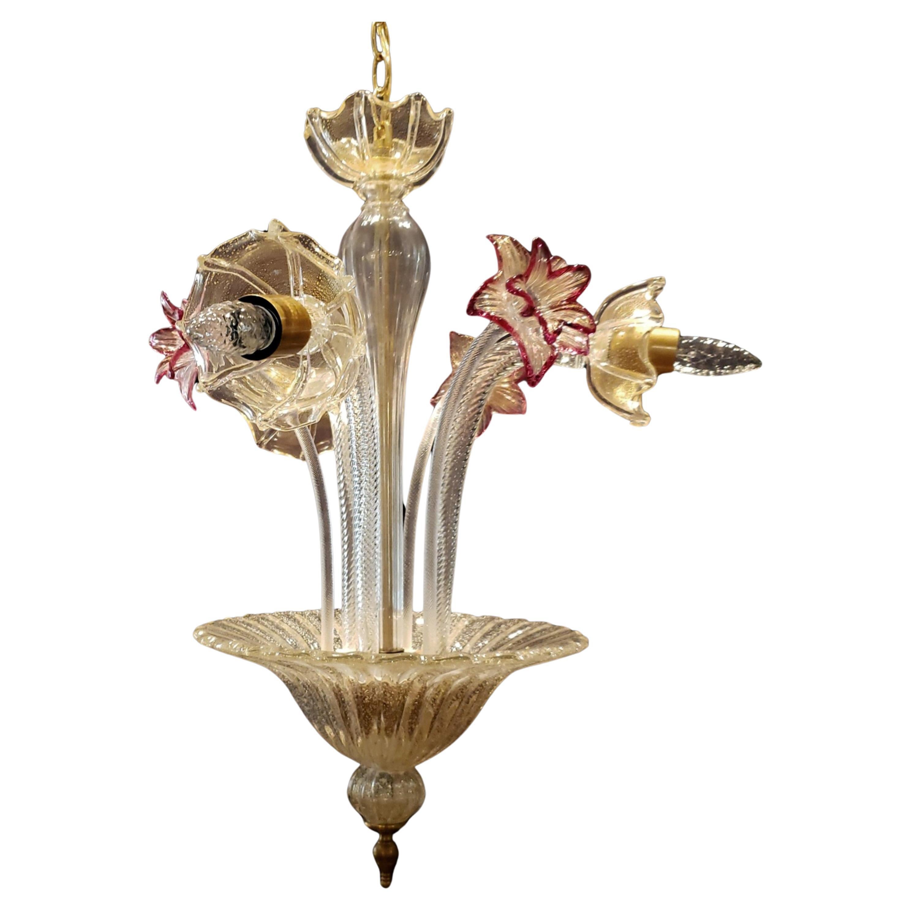  Lustre à 3 bras en cristal de Murano avec incrustations de roses dorées 