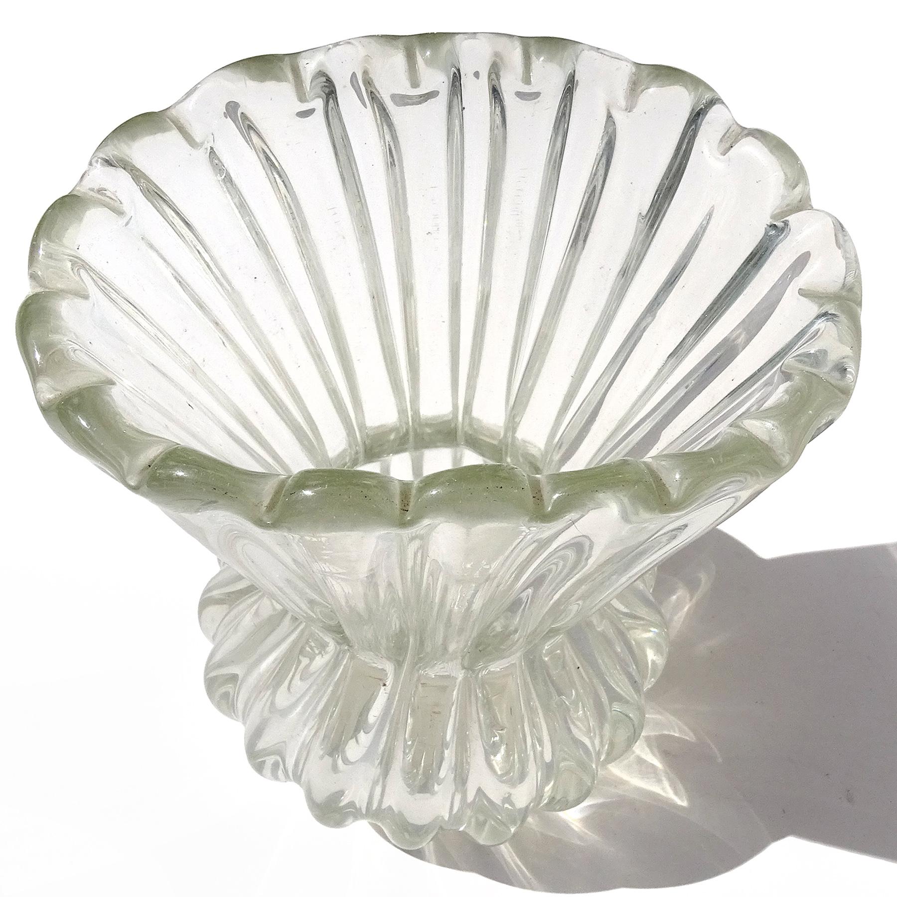 Mid-Century Modern Murano Crystal Clear Ribbed Surface Pinch Waist Italian Art Glass Flower Vase