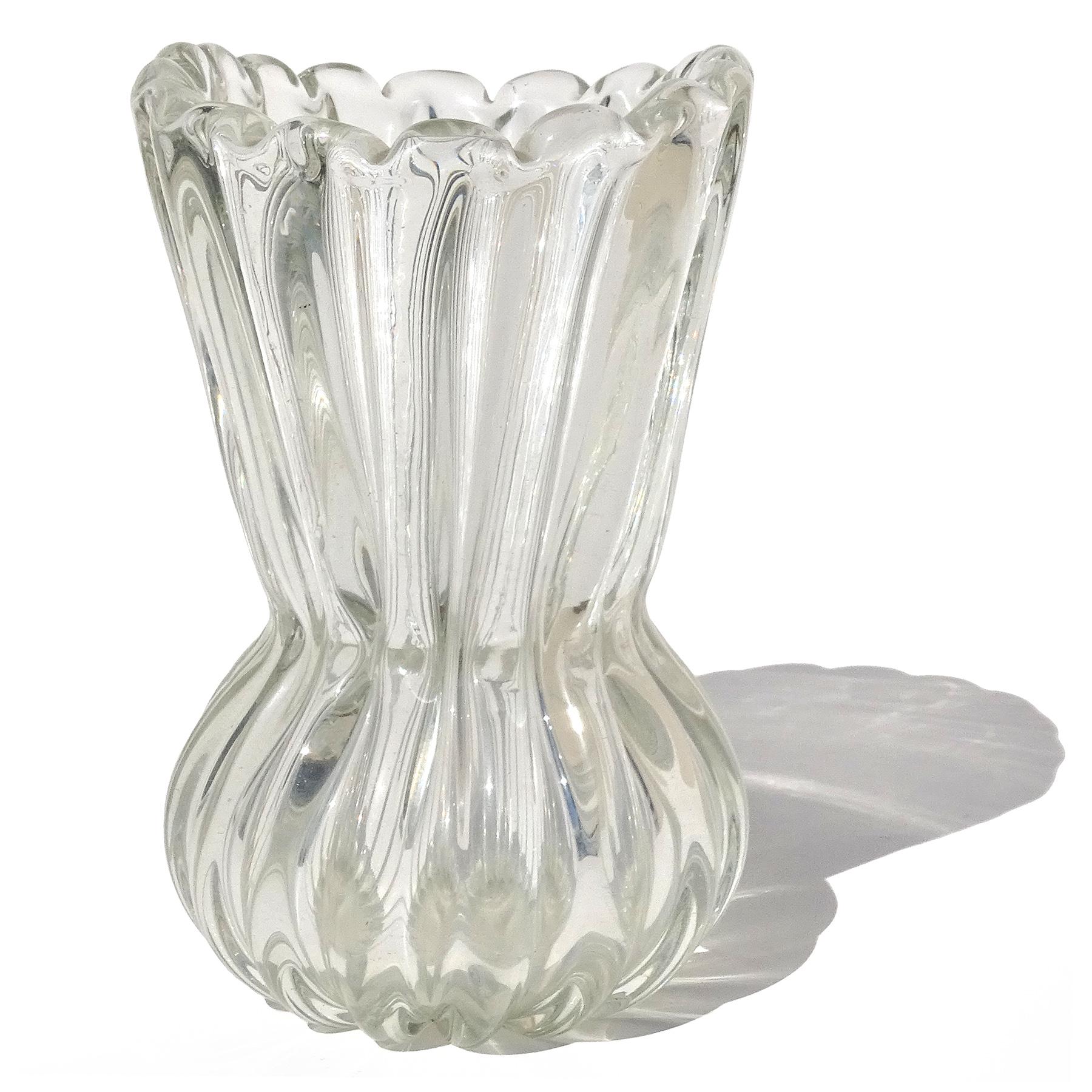 Hand-Crafted Murano Crystal Clear Ribbed Surface Pinch Waist Italian Art Glass Flower Vase
