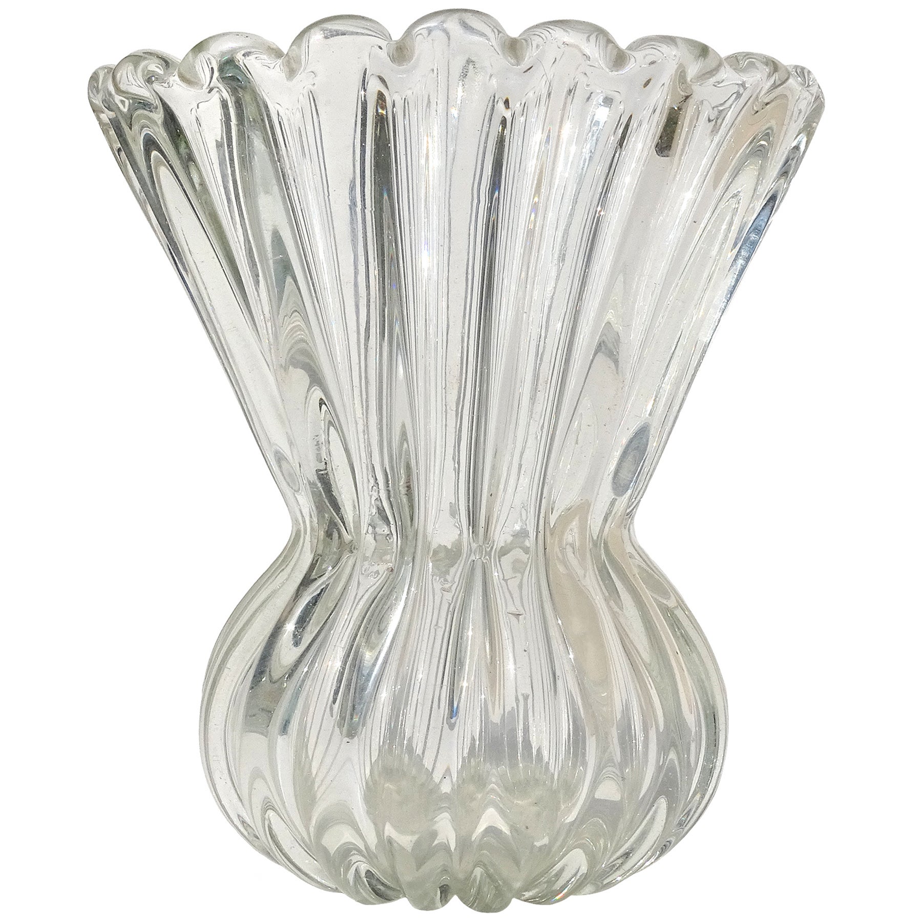 Murano Crystal Clear Ribbed Surface Pinch Waist Italian Art Glass Flower Vase