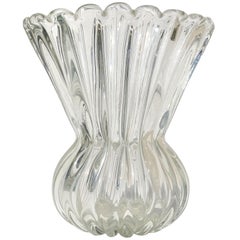 Vintage Murano Crystal Clear Ribbed Surface Pinch Waist Italian Art Glass Flower Vase