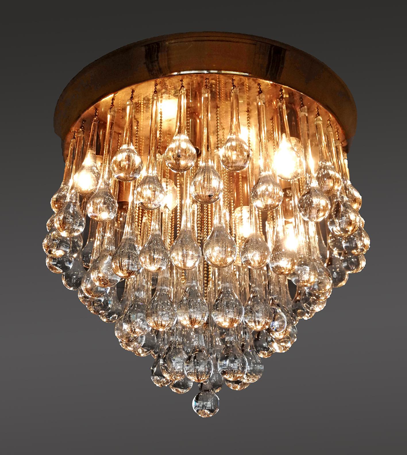 German Murano Crystal Drop Waterfall in Venini Style Hollywood Regency Gilt Chandelier For Sale