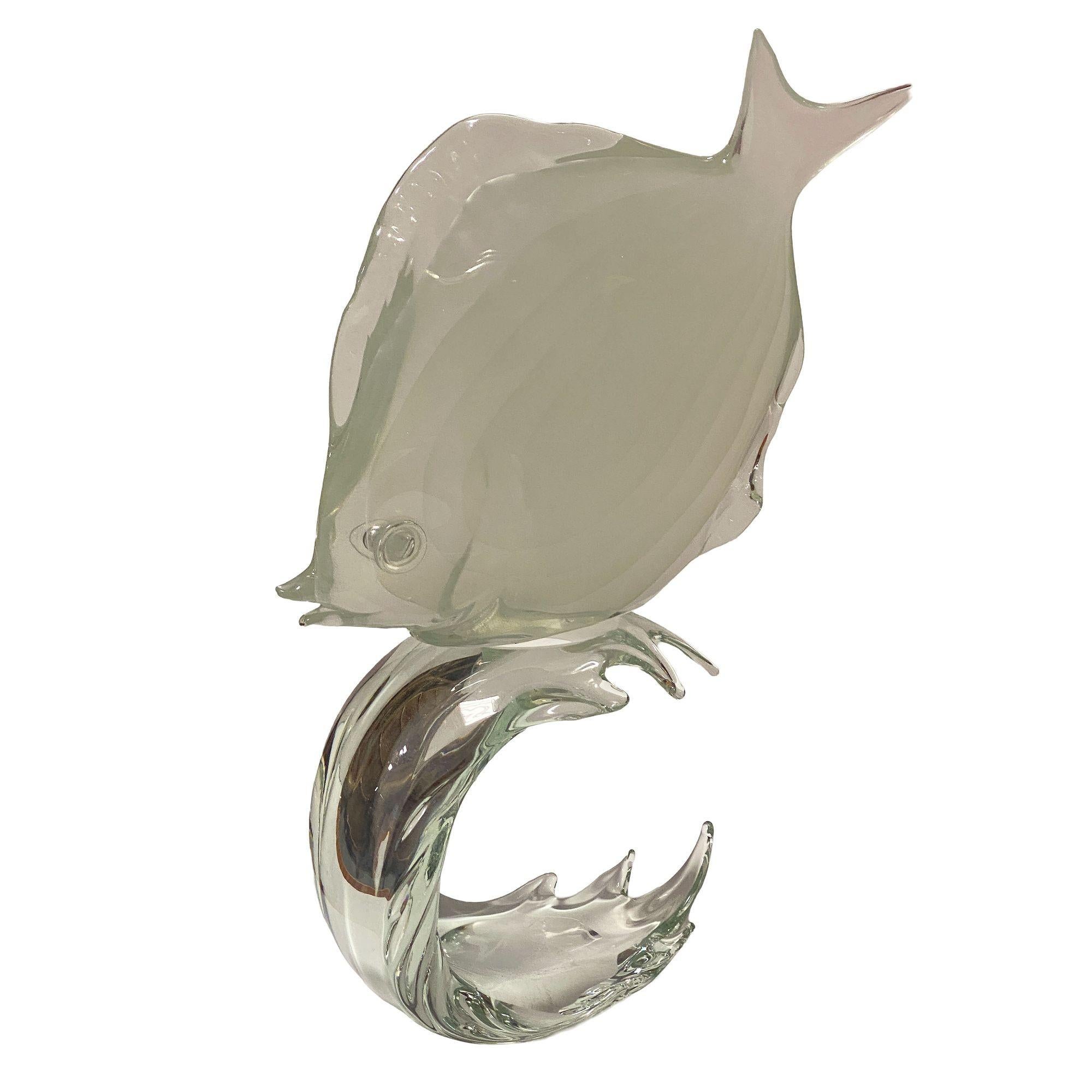 Murano Crystal Glass Angel Fish Sculture On Wave by Licio Zanetti In Excellent Condition For Sale In Van Nuys, CA