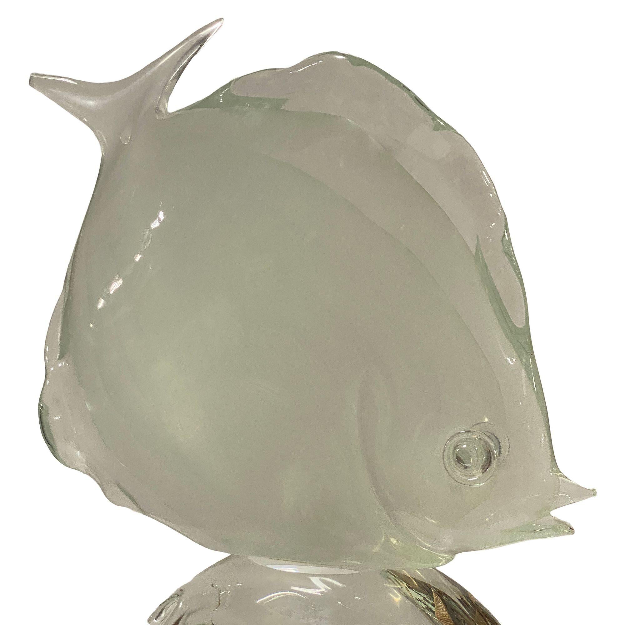 Late 20th Century Murano Crystal Glass Angel Fish Sculture On Wave by Licio Zanetti For Sale