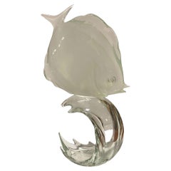 Murano Crystal Glass Angel Fish Sculture On Wave by Licio Zanetti