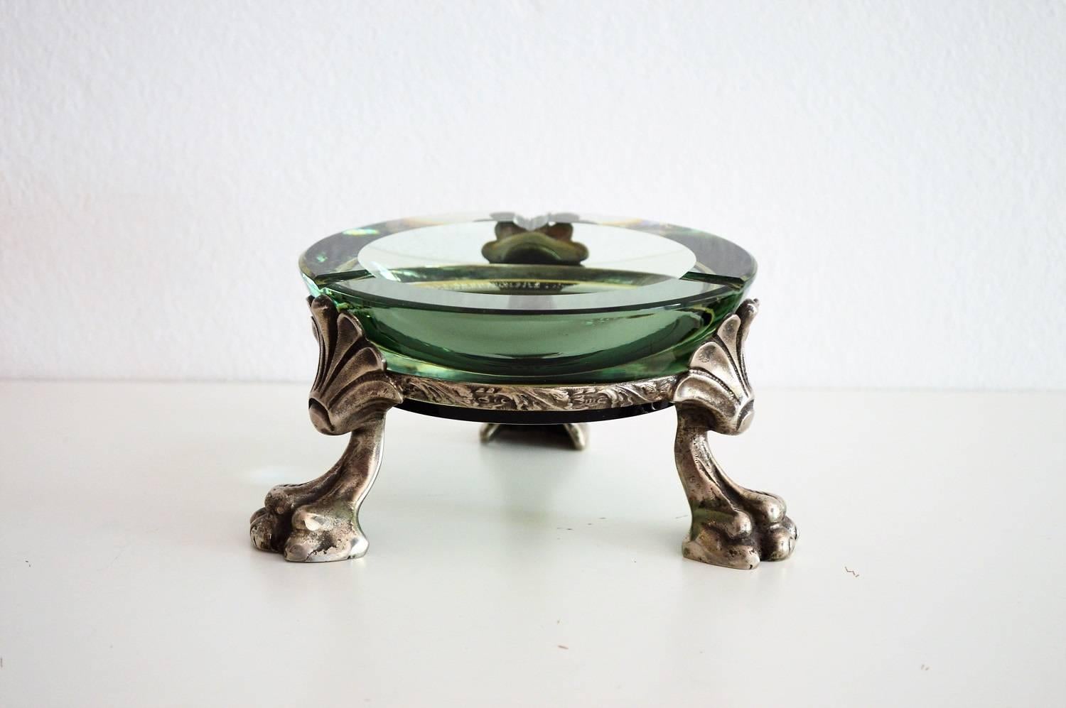 Murano Crystal Glass Ashtray with Lion Paw Metal Holder, 1960s 5