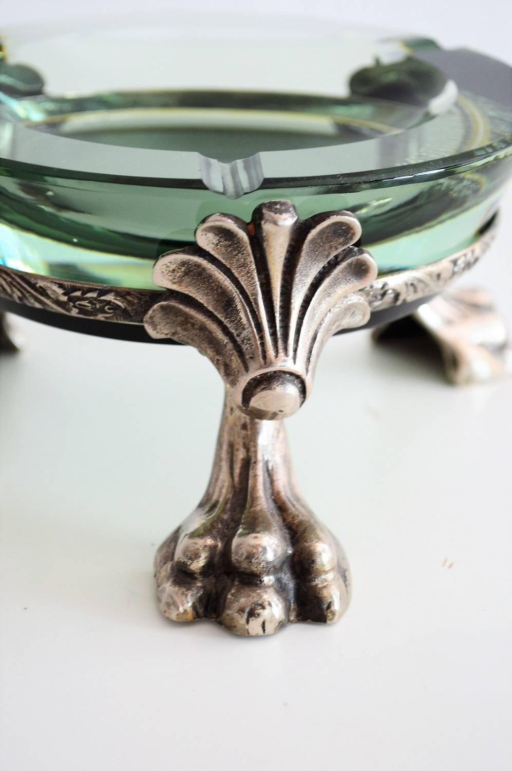 Neoclassical Murano Crystal Glass Ashtray with Lion Paw Metal Holder, 1960s