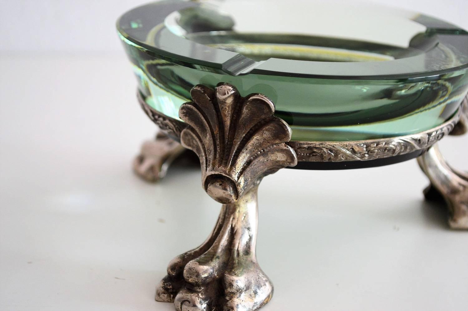 Italian Murano Crystal Glass Ashtray with Lion Paw Metal Holder, 1960s