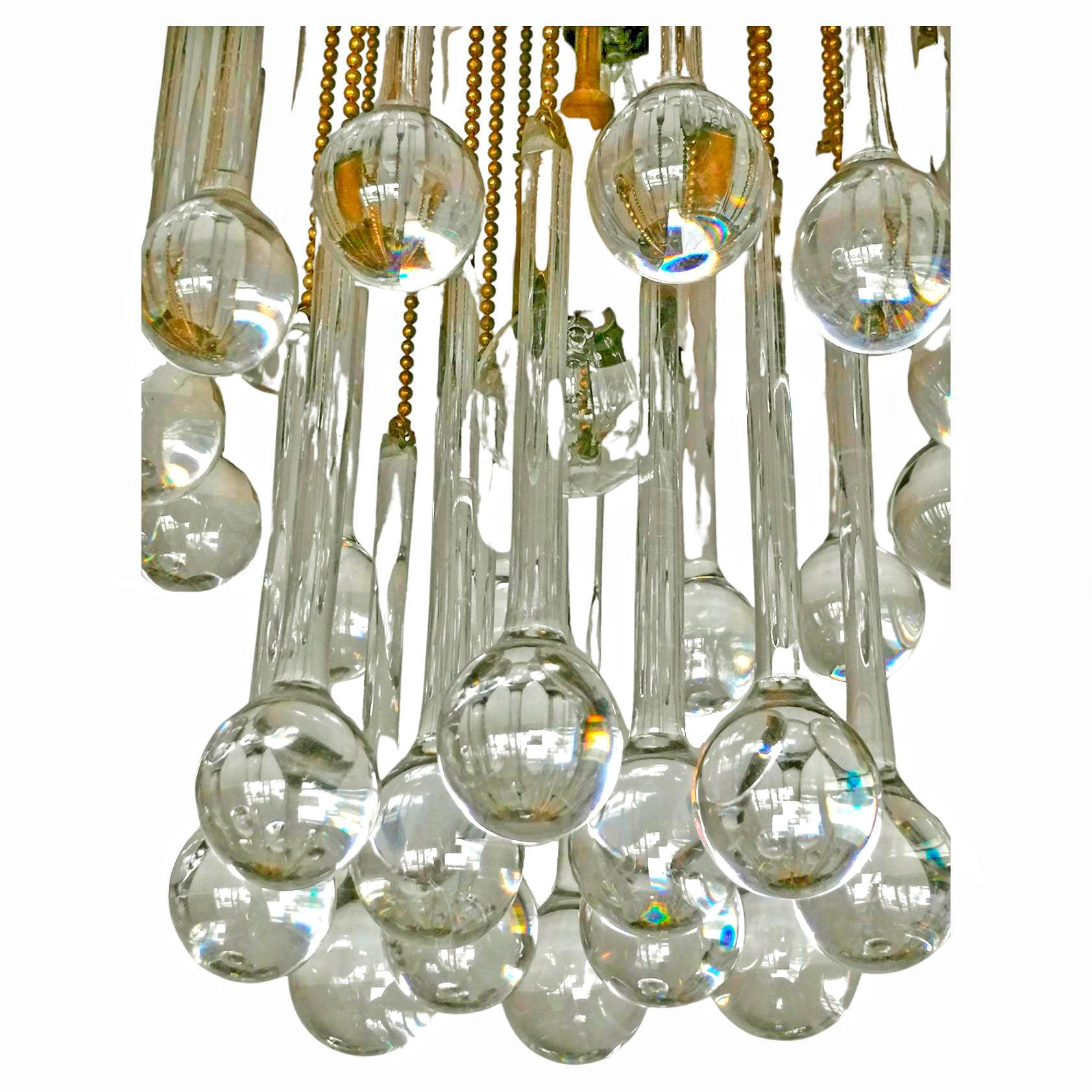 Murano Crystal Glass Drop Waterfall and Gilt Brass Venini Style Chandelier For Sale 3