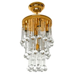 Vintage Murano Crystal Glass Drop Waterfall and Gilt Brass Venini Style Chandelier