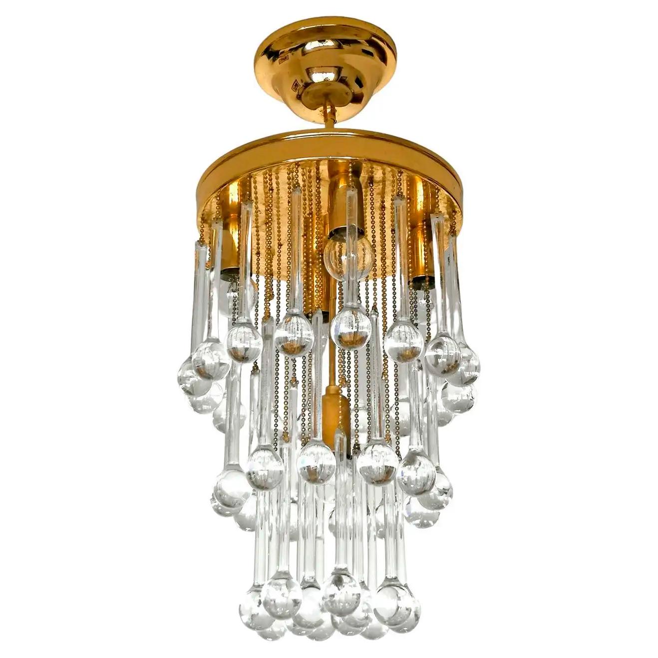 German Murano Crystal Glass Drop Waterfall and Gilt Brass Venini Style Chandelier For Sale
