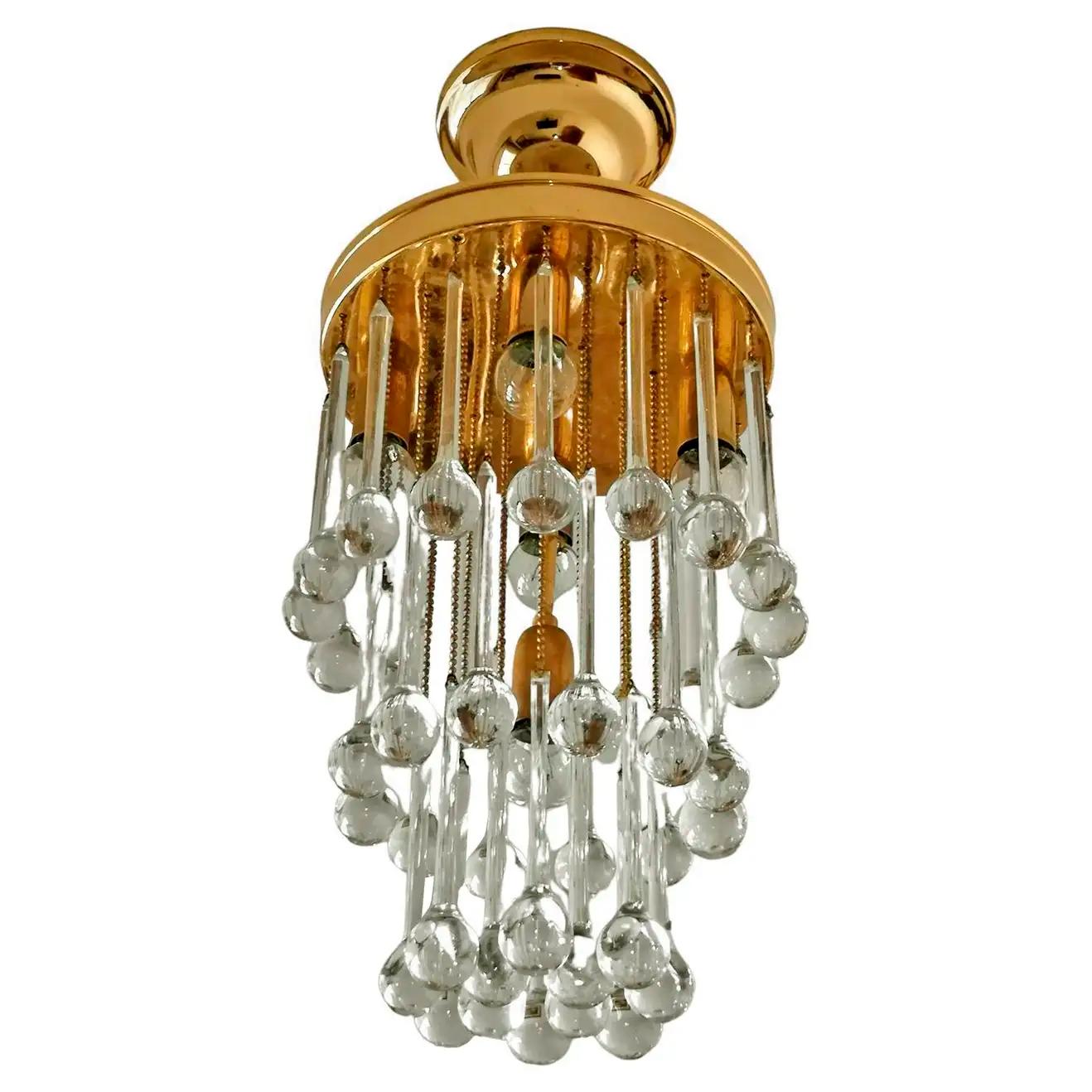 Hollywood Regency Murano Crystal Glass Drop Waterfall and Gilt Brass Venini Style Chandelier For Sale