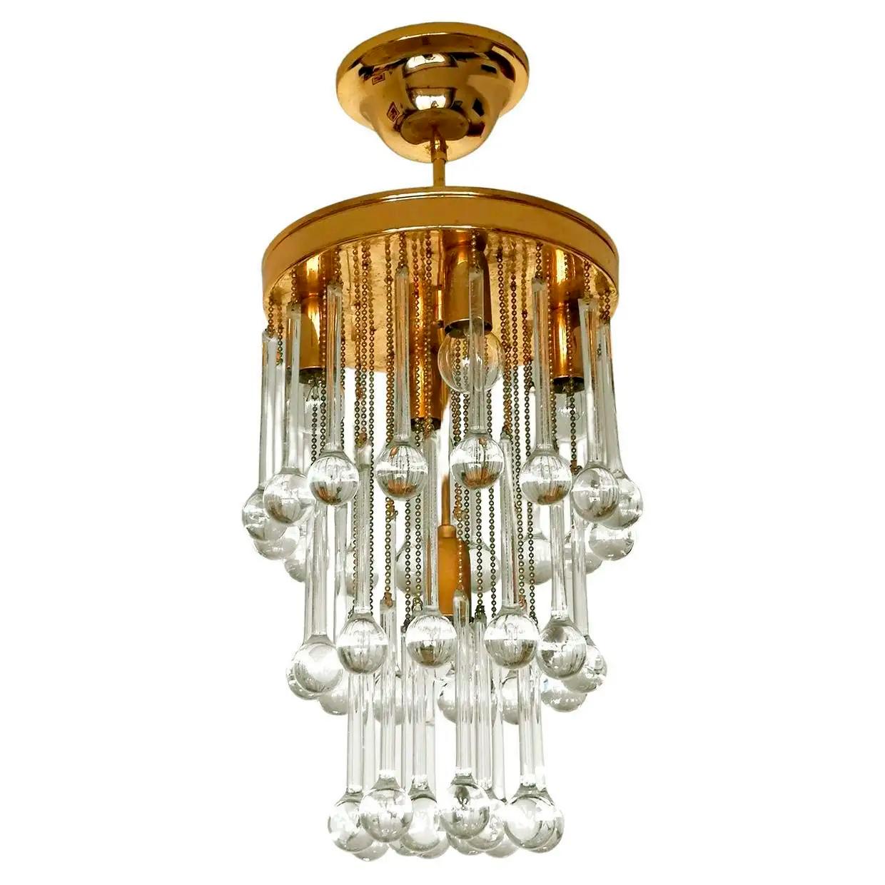Metal Murano Crystal Glass Drop Waterfall and Gilt Brass Venini Style Chandelier For Sale
