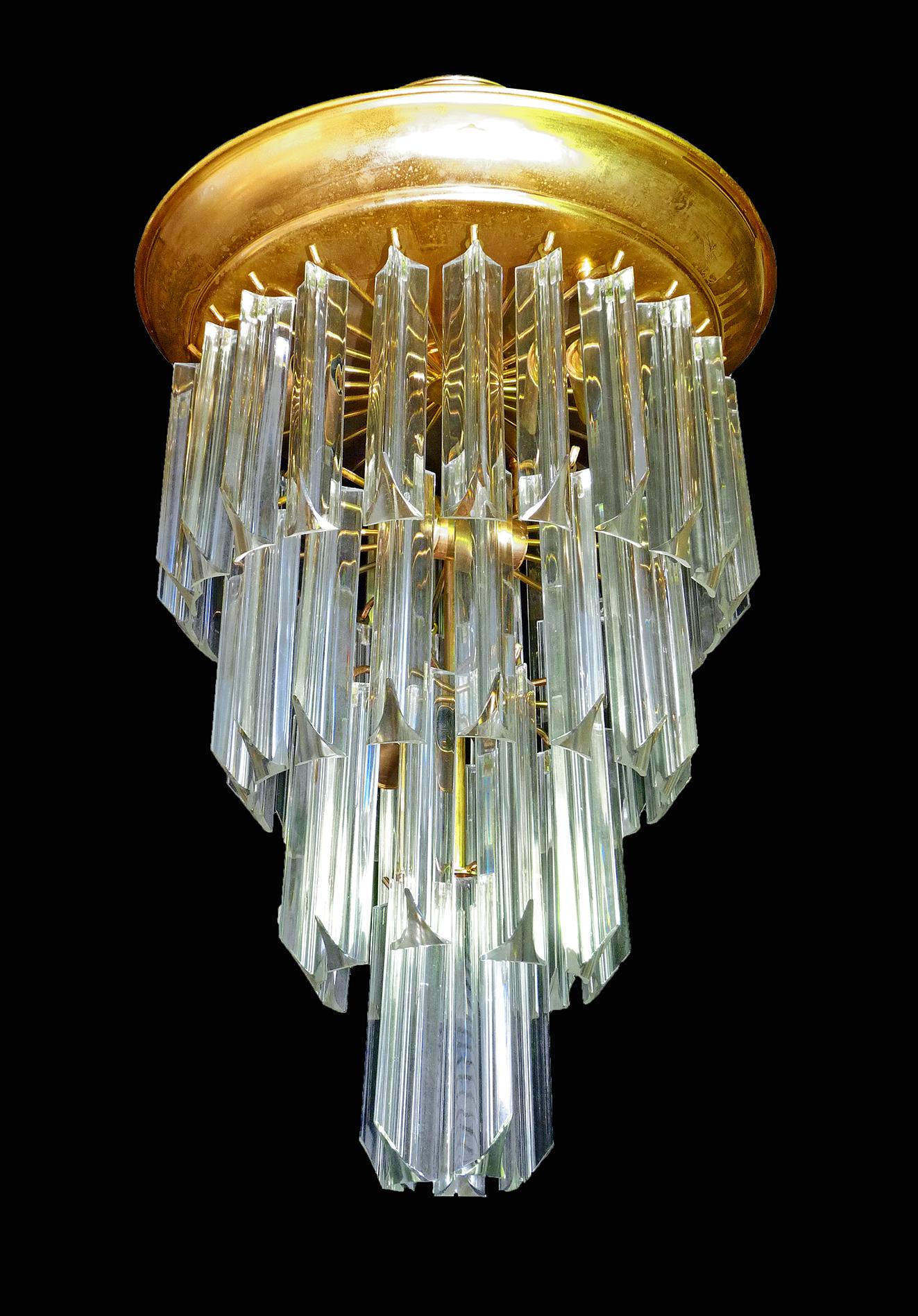 Mid-Century Modern Murano Crystal Glass Prisms Waterfall & Gilt Brass Venini Camer Style Chandelier For Sale