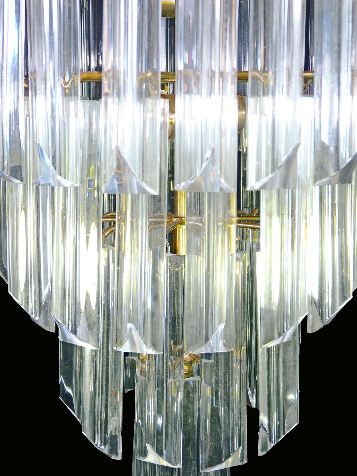 20th Century Murano Crystal Glass Prisms Waterfall & Gilt Brass Venini Camer Style Chandelier For Sale