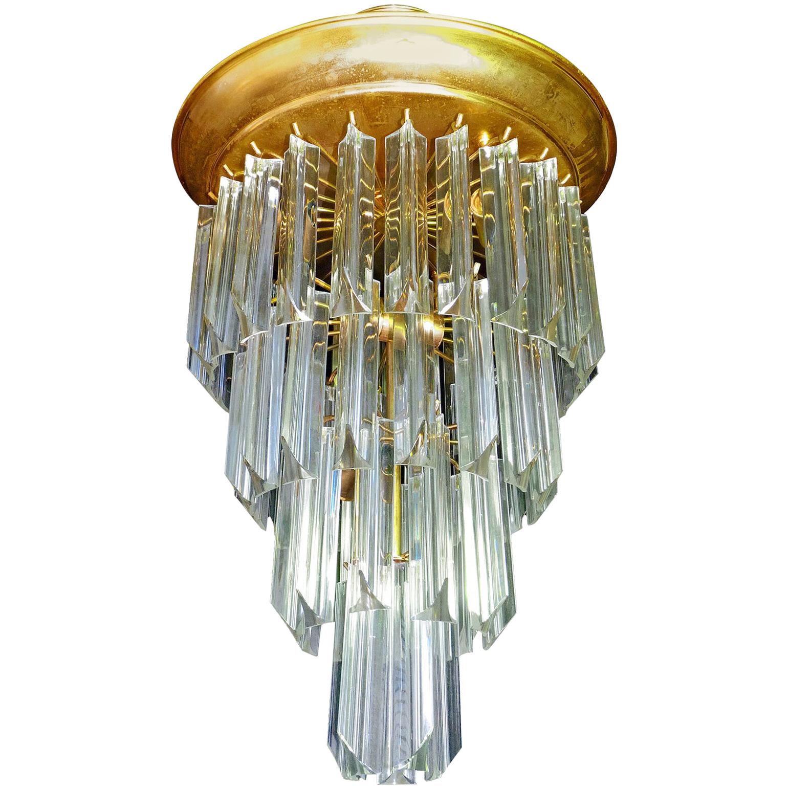 Murano Crystal Glass Prisms Waterfall & Gilt Brass Venini Camer Style Chandelier