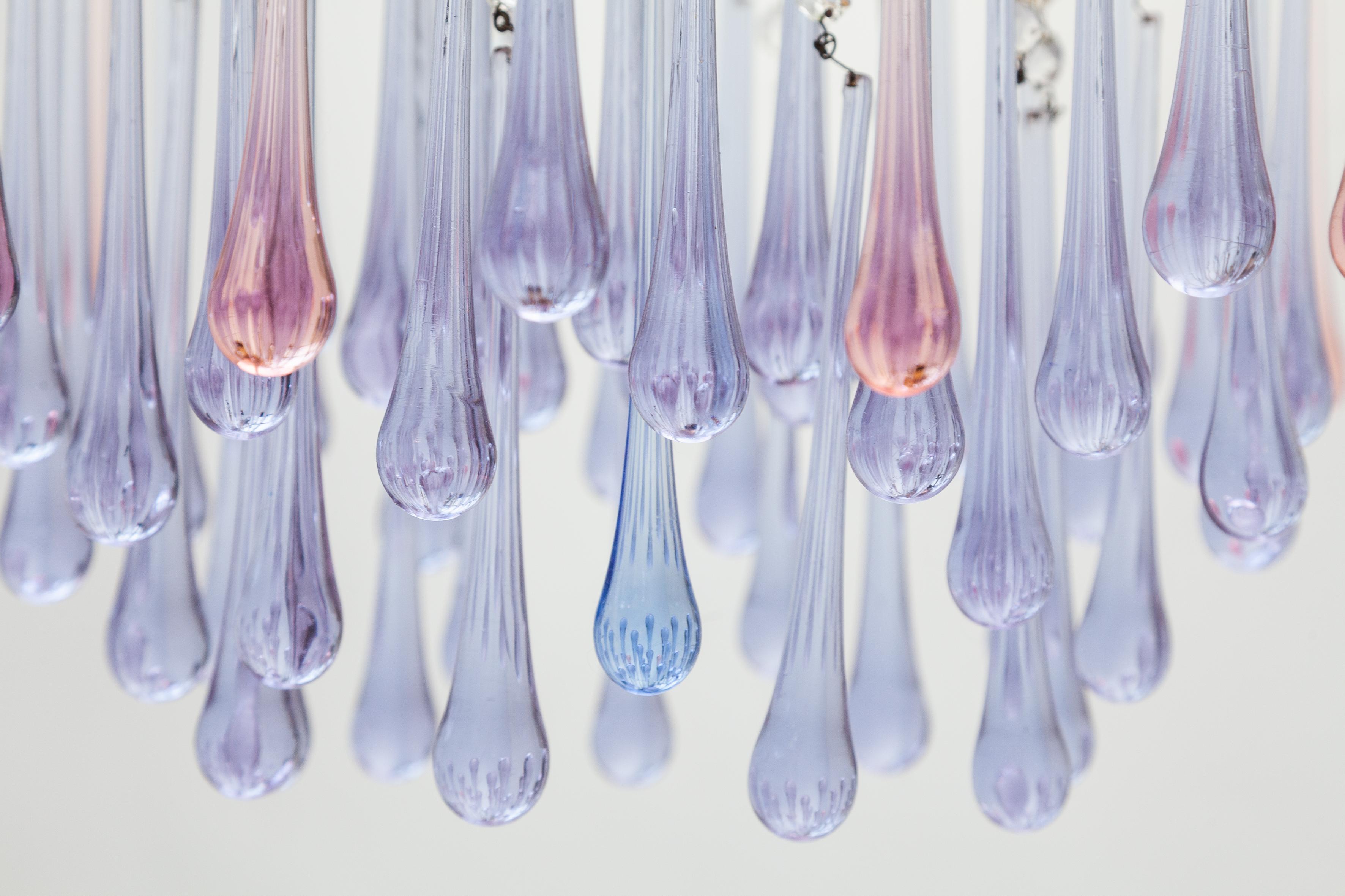 Hand-Crafted Murano Crystal Lavender, Pink Teardrop Waterfall Chandelier