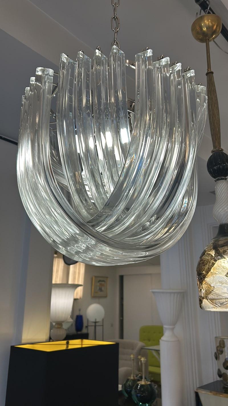 Murano hand blown clear crystal glass chandelier.
Fixture in plated chrome
4 bulbs

Diameter 40 cm
Height of the basket with the glasses only is 35 cm
Total height with the chain is 100cm 
It can beadjust with the chain
