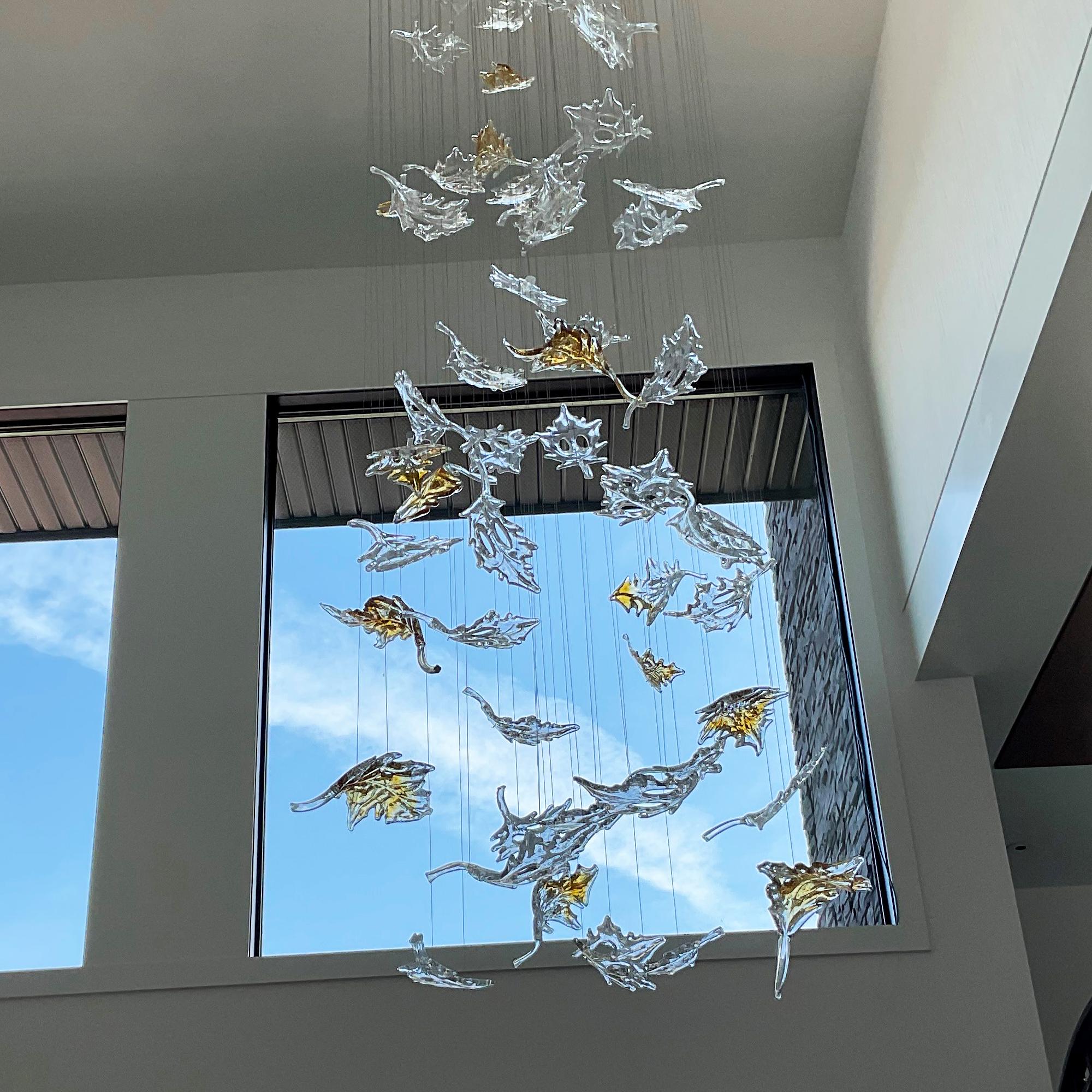Hand-Crafted Murano Dancing Maple Leaves Chandelier in Mix Glass Color. Custom design. For Sale