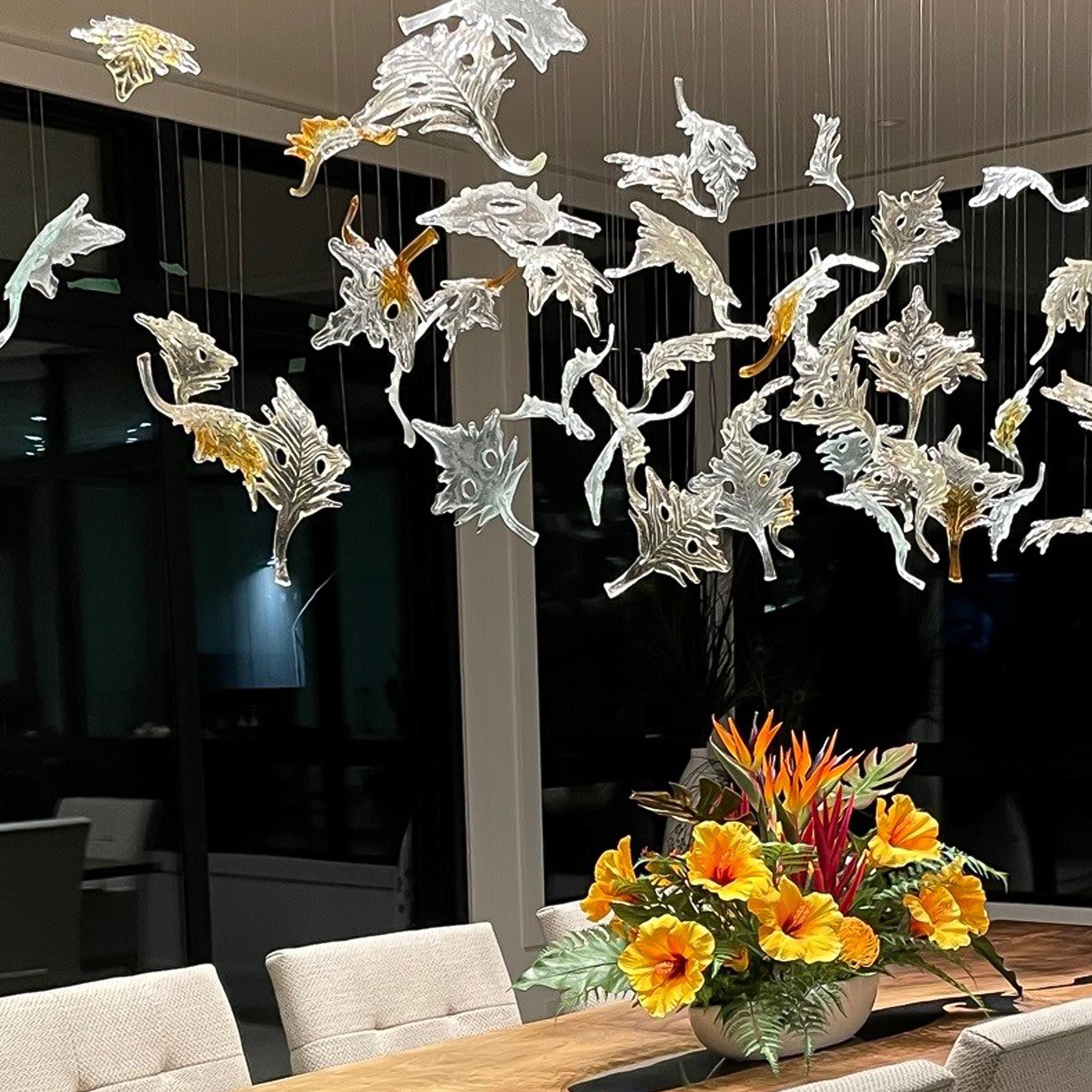 Contemporary Murano Dancing Maple Leaves Chandelier in Mix Glass Color. Custom design. For Sale