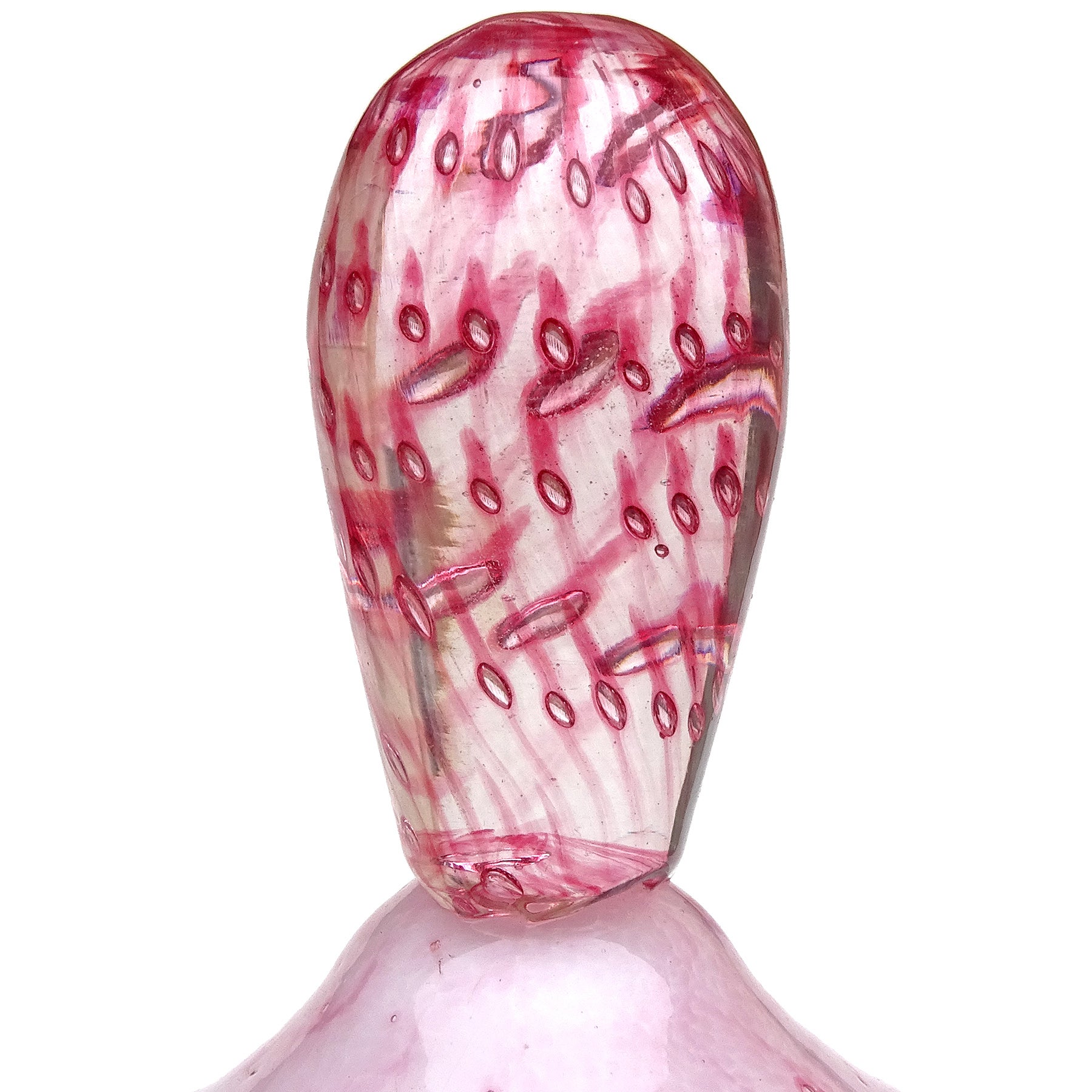 Beautiful vintage Murano hand blown white, light and dark pink, controlled bubbles Italian art glass vanity jar / powder box. Documented to the Fratelli Toso company. The color on the piece is made with little dots of pink all over the surface that
