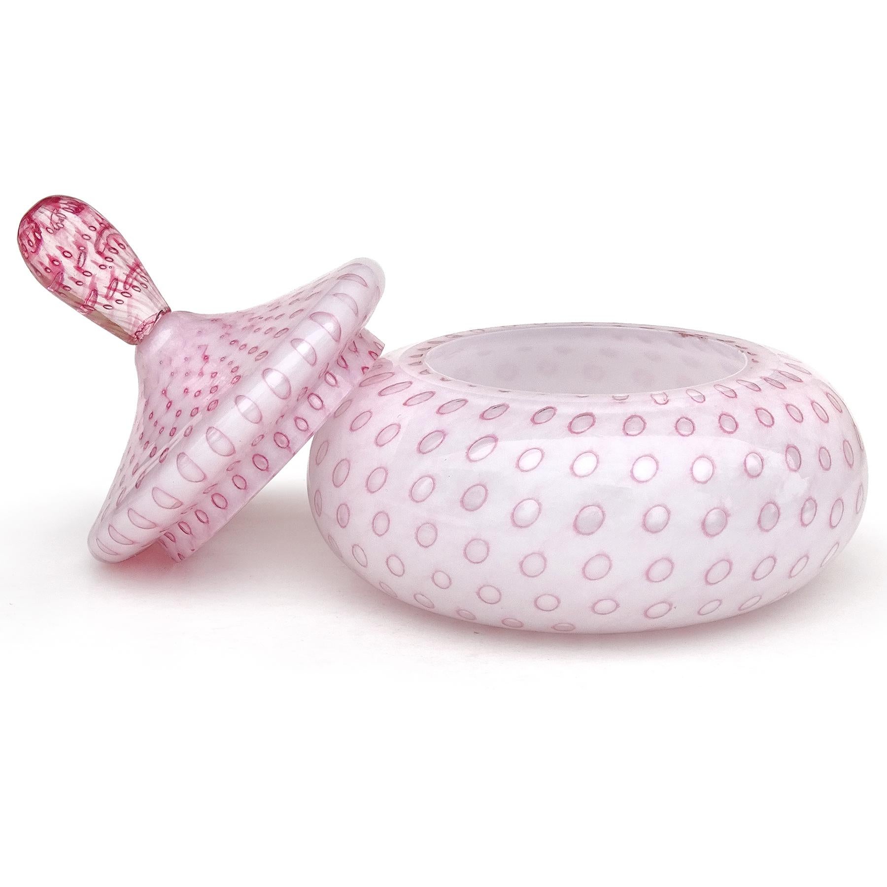 Mid-Century Modern Murano Dark and Light Pink White Bubbles Italian Art Glass Vanity Powder Box