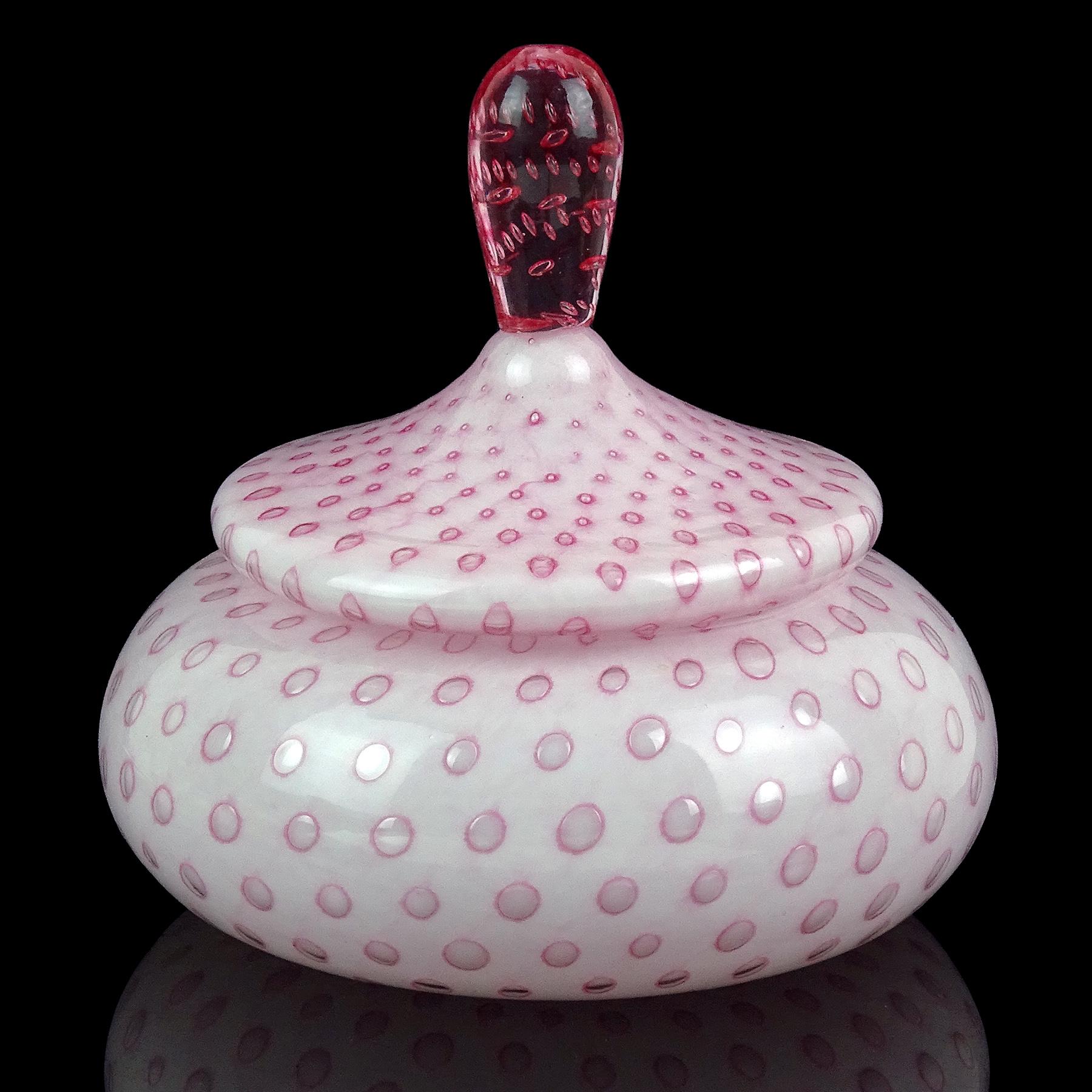 Hand-Crafted Murano Dark and Light Pink White Bubbles Italian Art Glass Vanity Powder Box