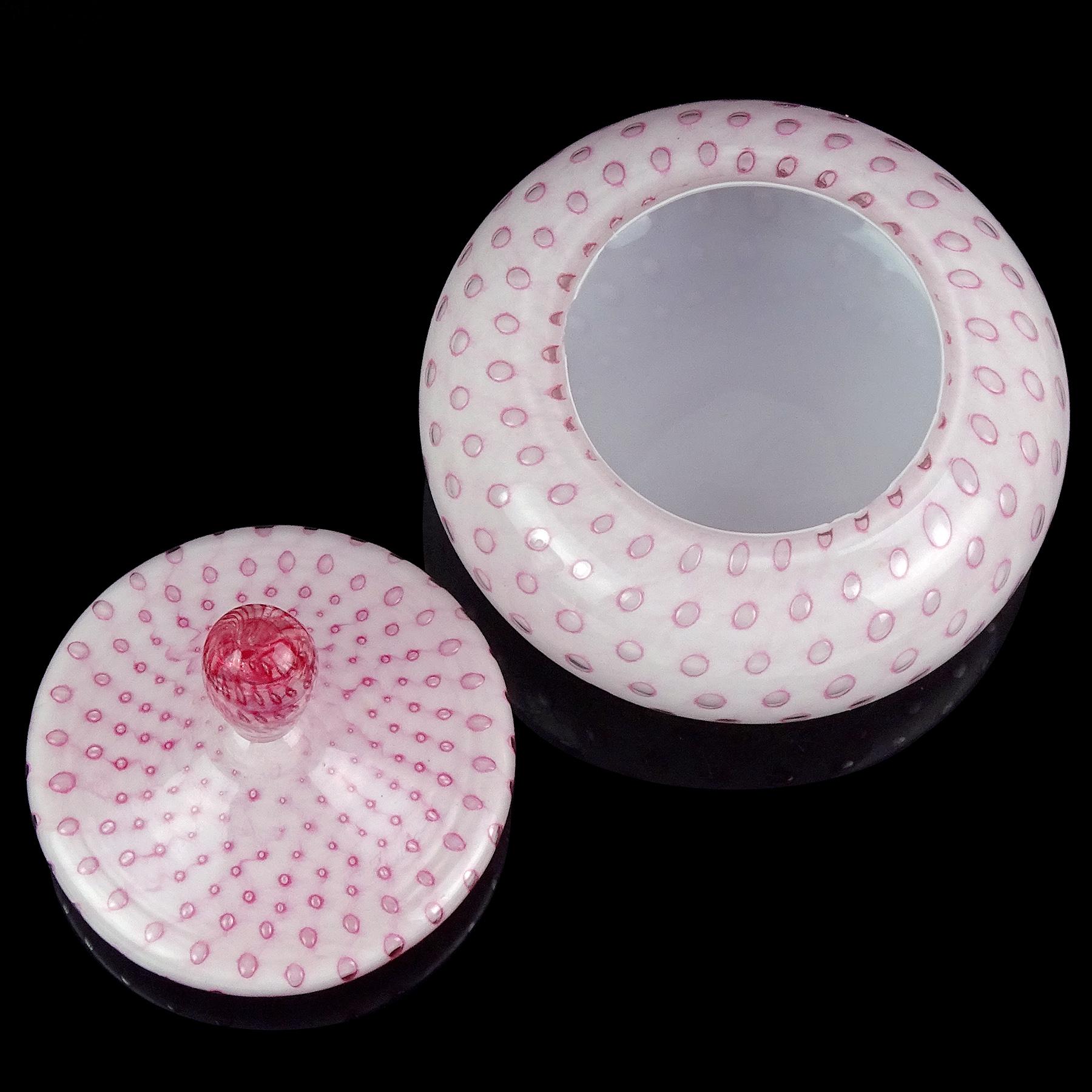 Murano Dark and Light Pink White Bubbles Italian Art Glass Vanity Powder Box In Good Condition In Kissimmee, FL