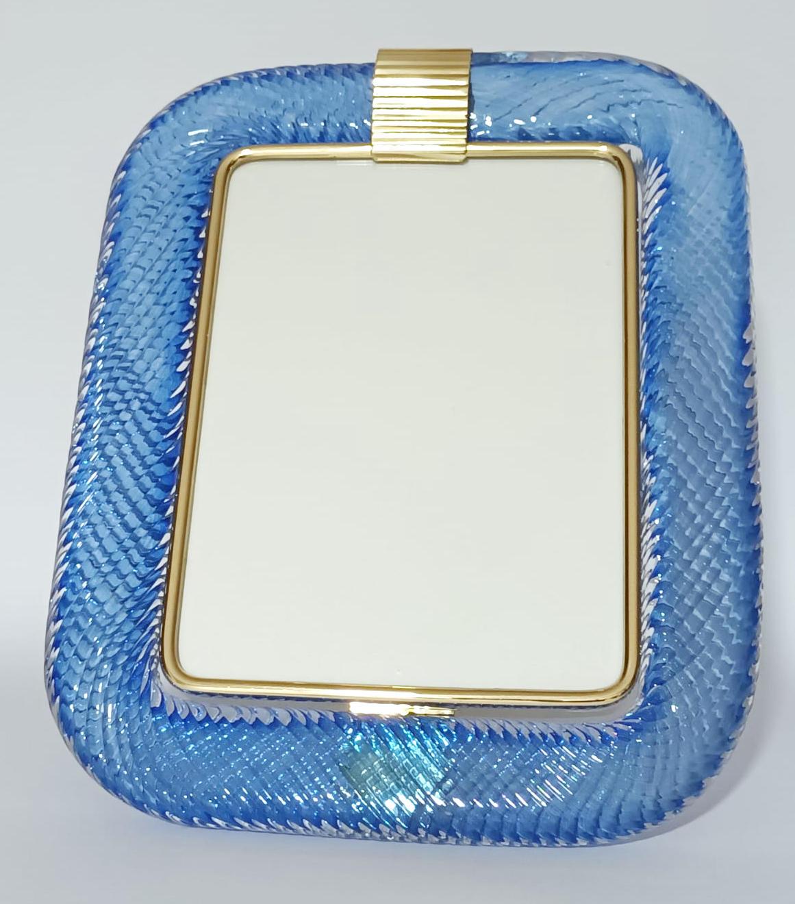 Cadre vintage avec bordure en verre soufflé à la main bleu foncé et transparent de Murano 