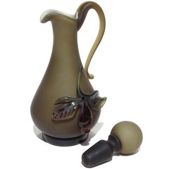 Murano Dark Green Applied Flower Satin Surface Italian Art Glass Ewer Cruet